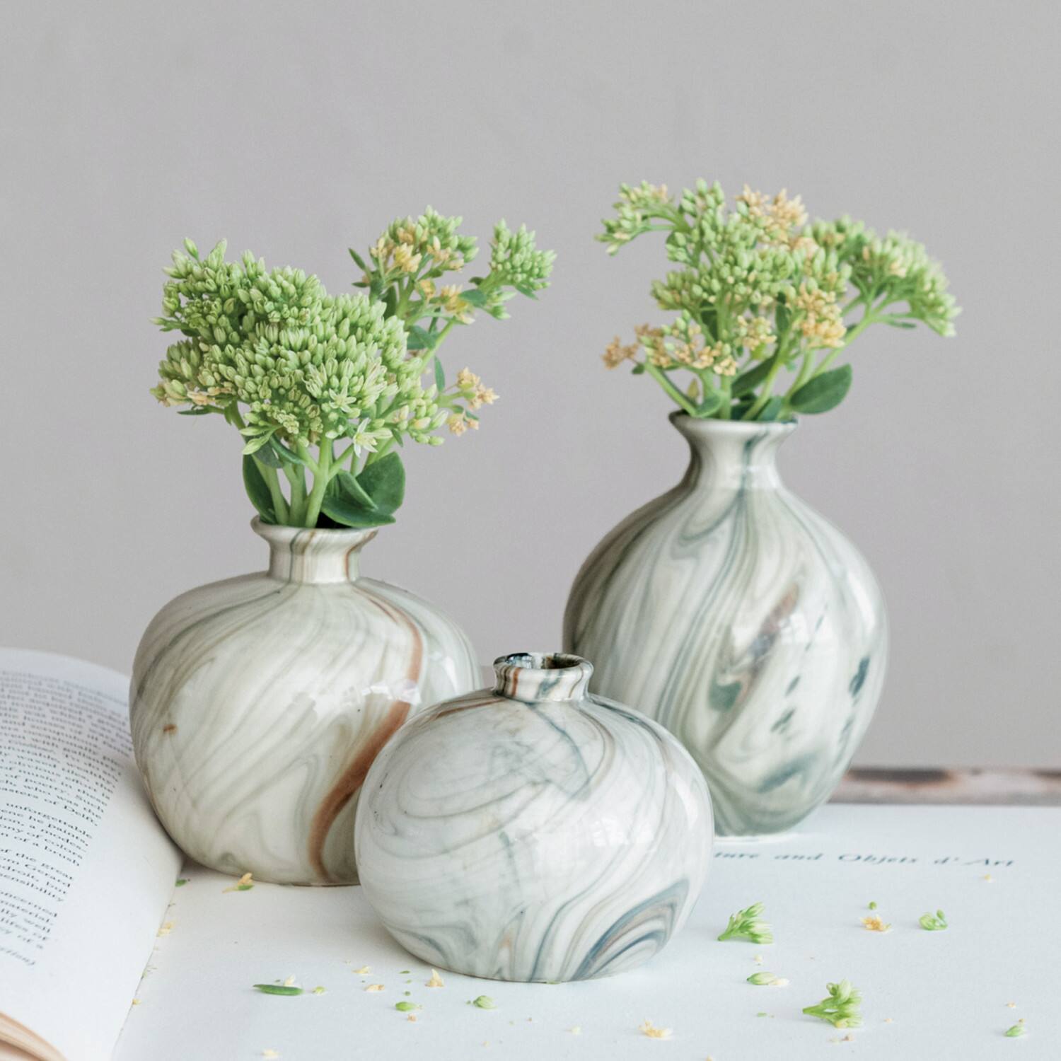 Hello Honey® Green Decorative Stoneware Vase with Marbled Designs Set