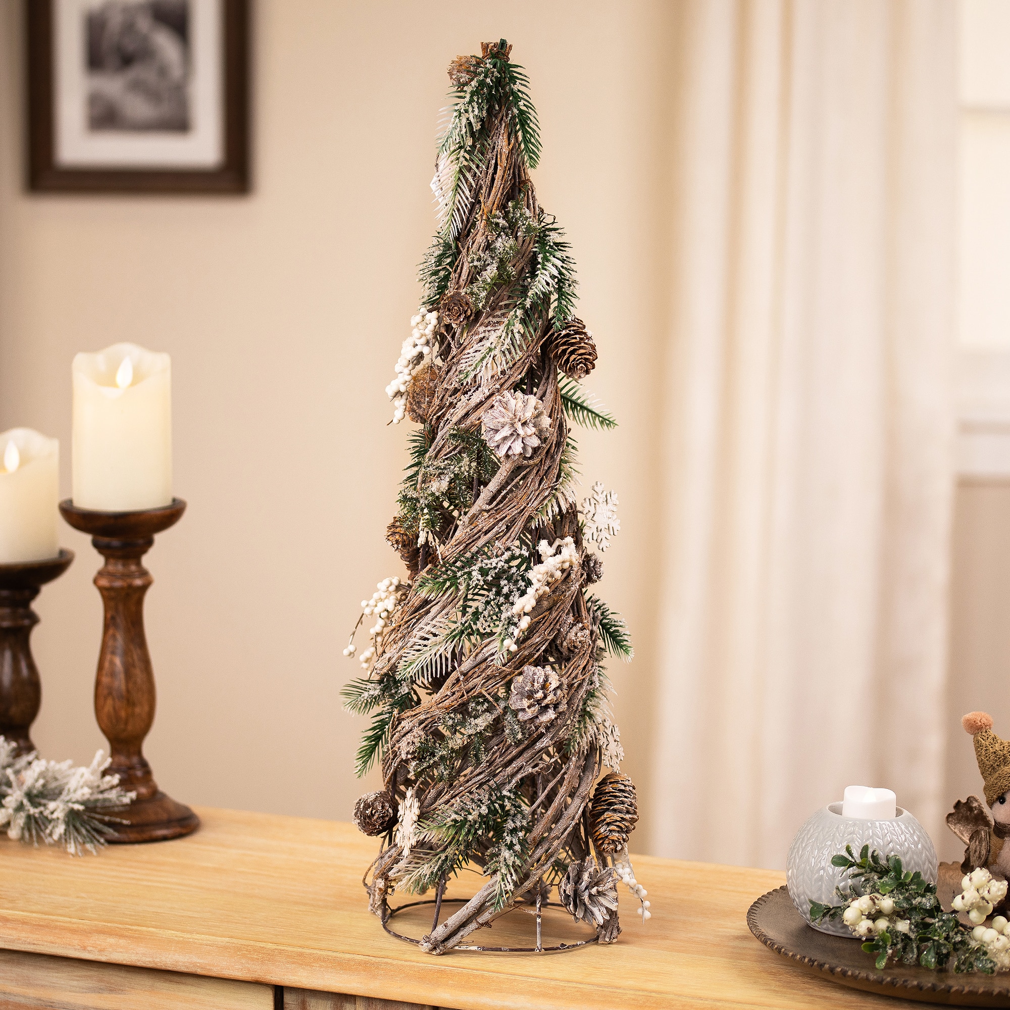 Northlight 24.25" Flocked Snowflakes & Pinecones Twisted Twig Artificial Christmas Tree