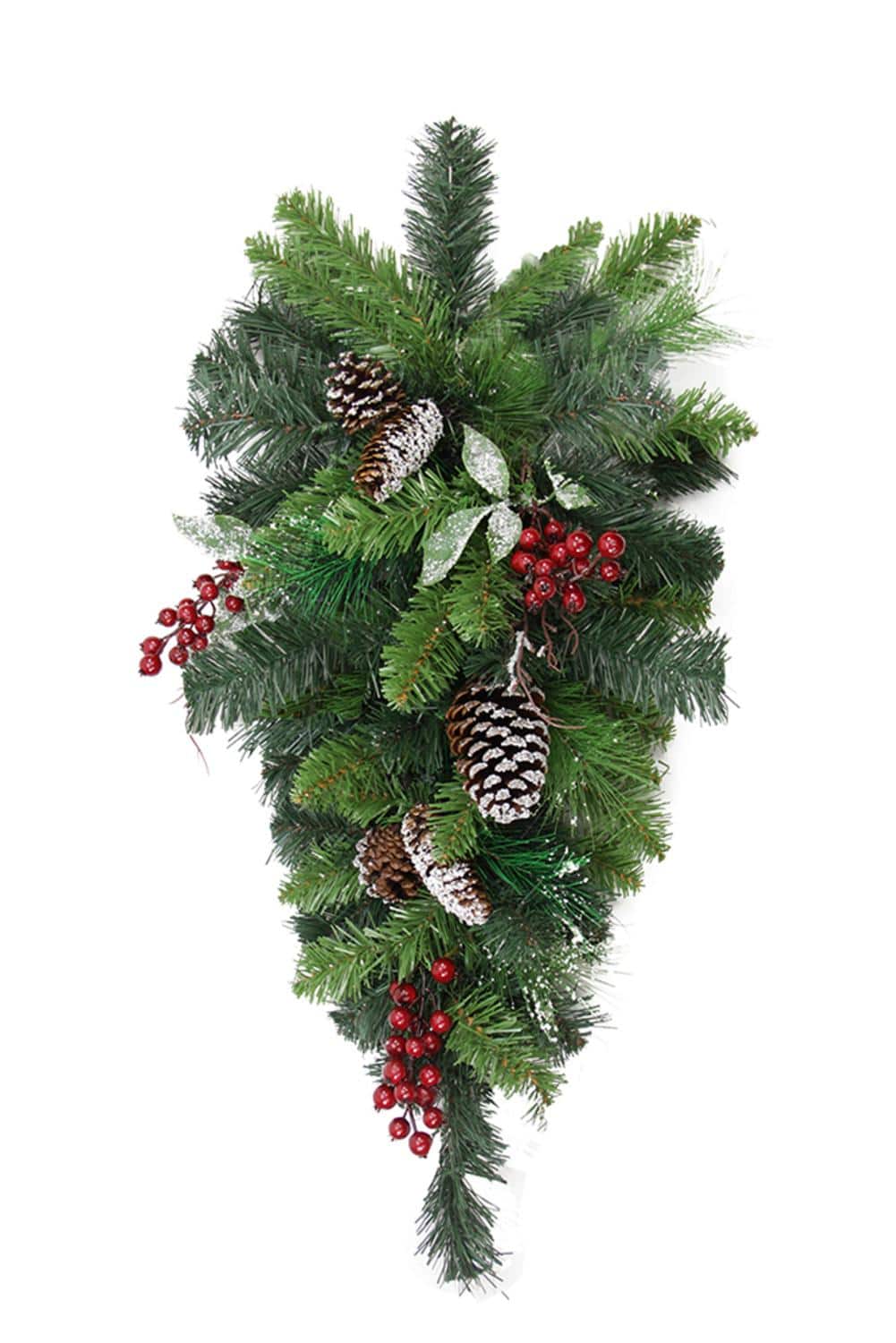 32" Unlit Frosted Pine Cone & Red Berry Teardrop Swag