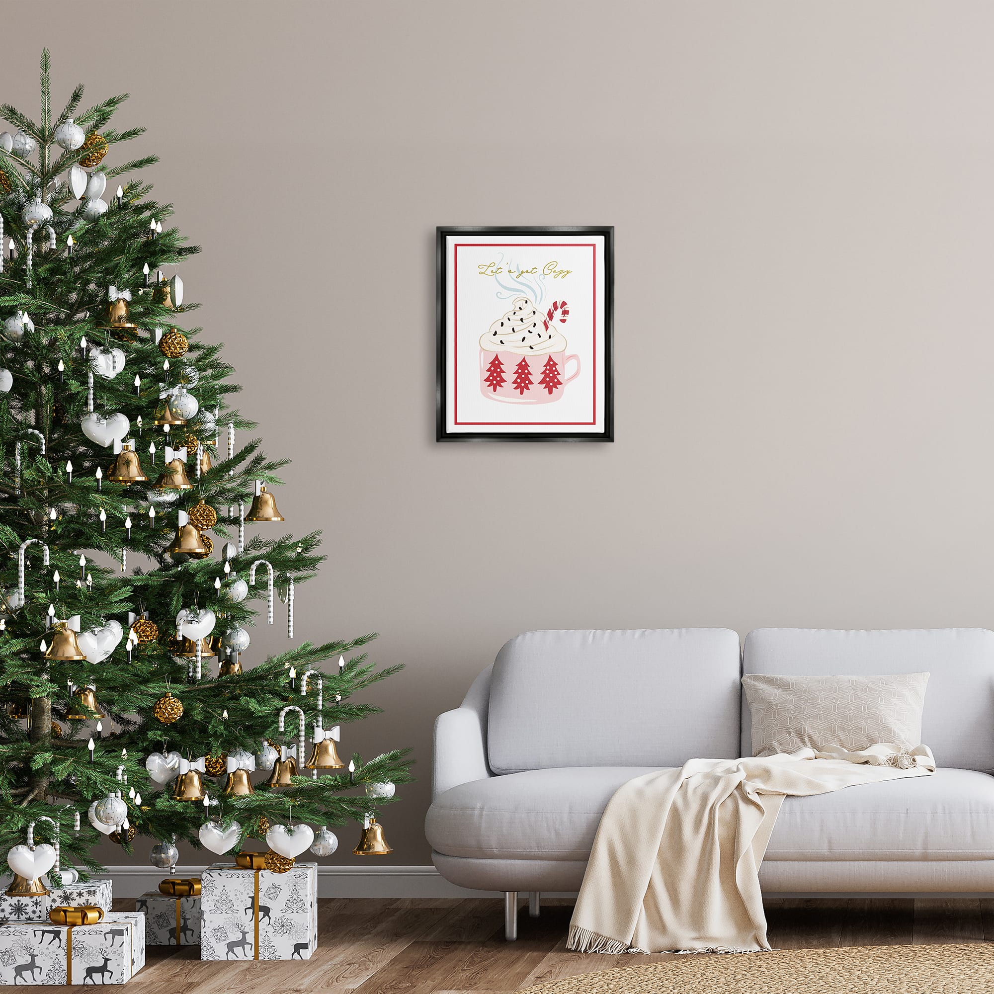 Stupell Industries Let's Get Cozy Pink Cocoa Framed Floater Canvas Wall Art