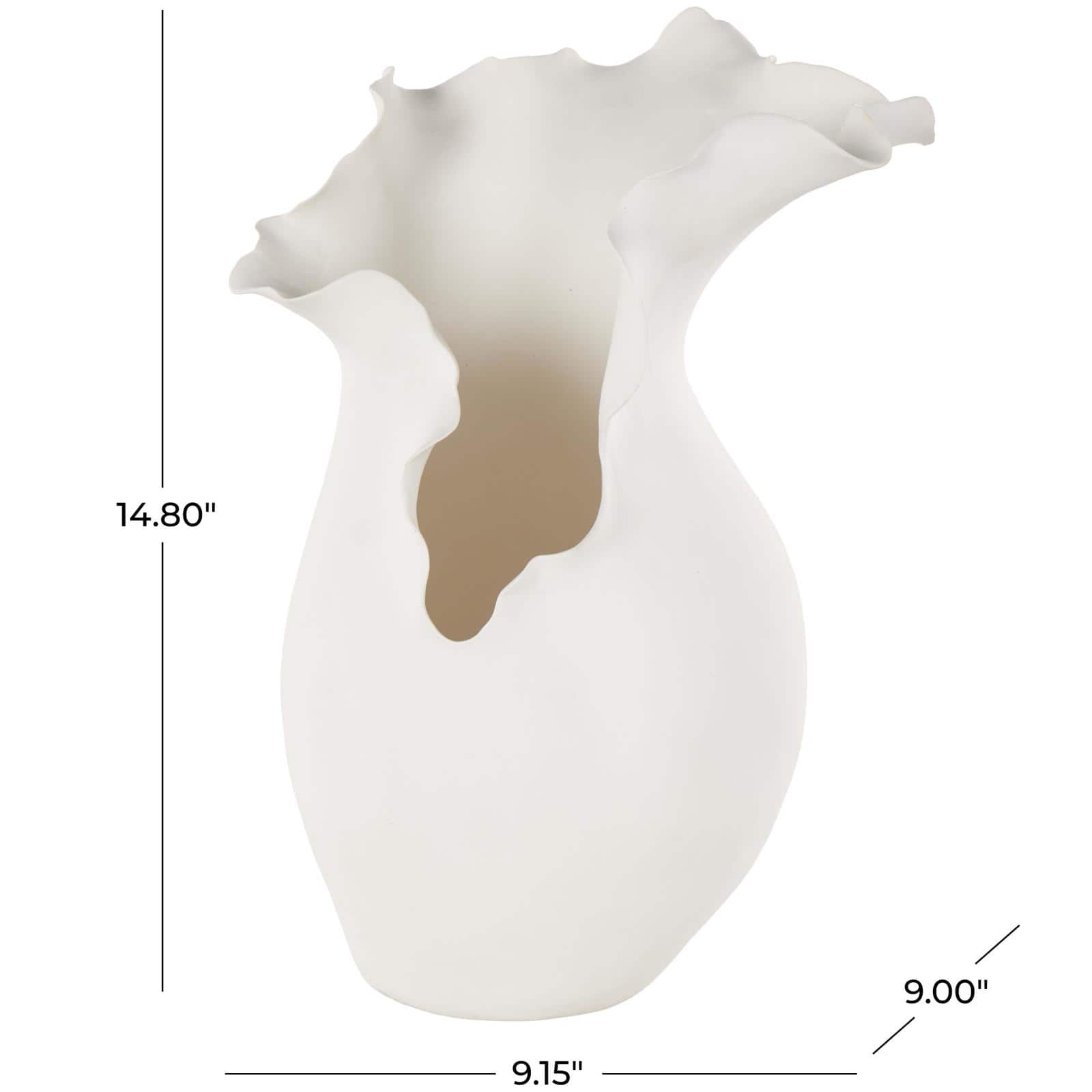 14.75" White Ceramic Abstract Floral Inspired Vase with Wavy Edge