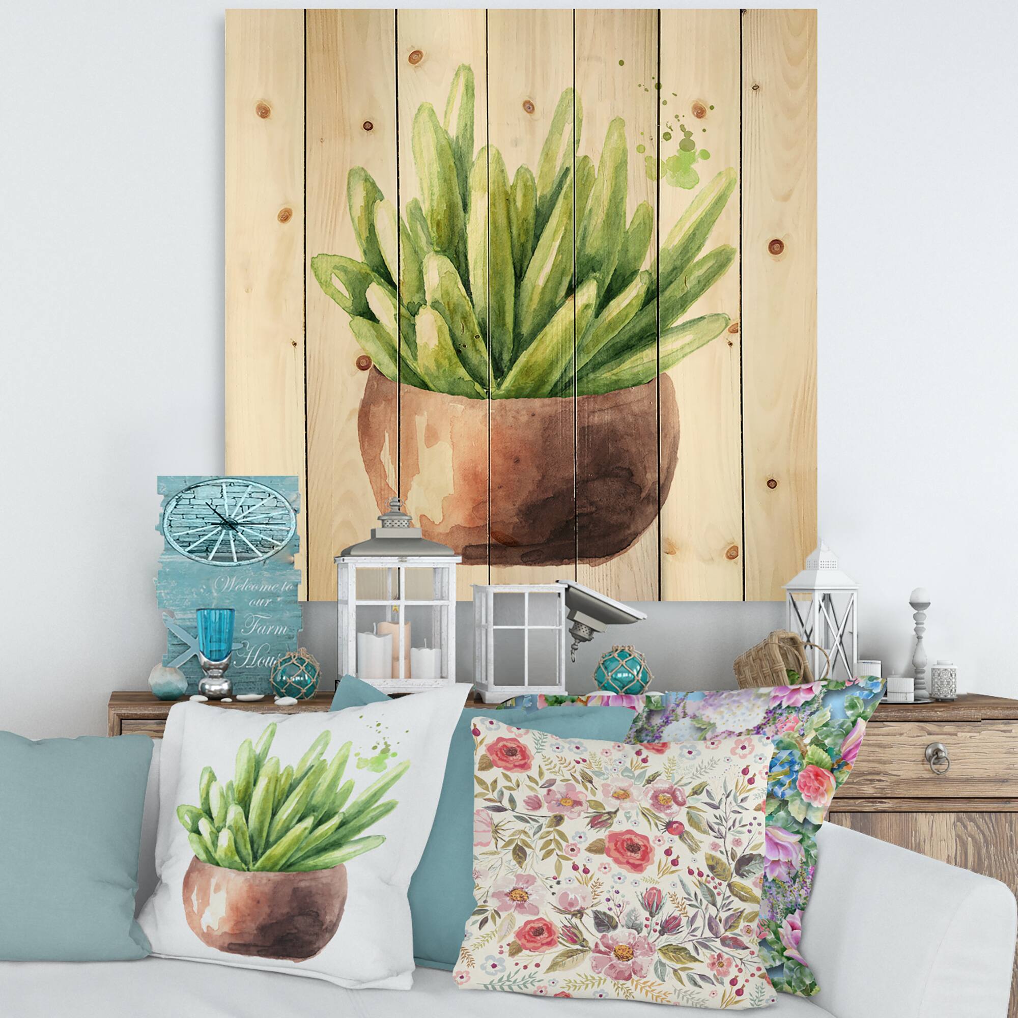 Designart - Succulent Flower In Terracotta Pot I - Traditional Print on Natural Pine Wood