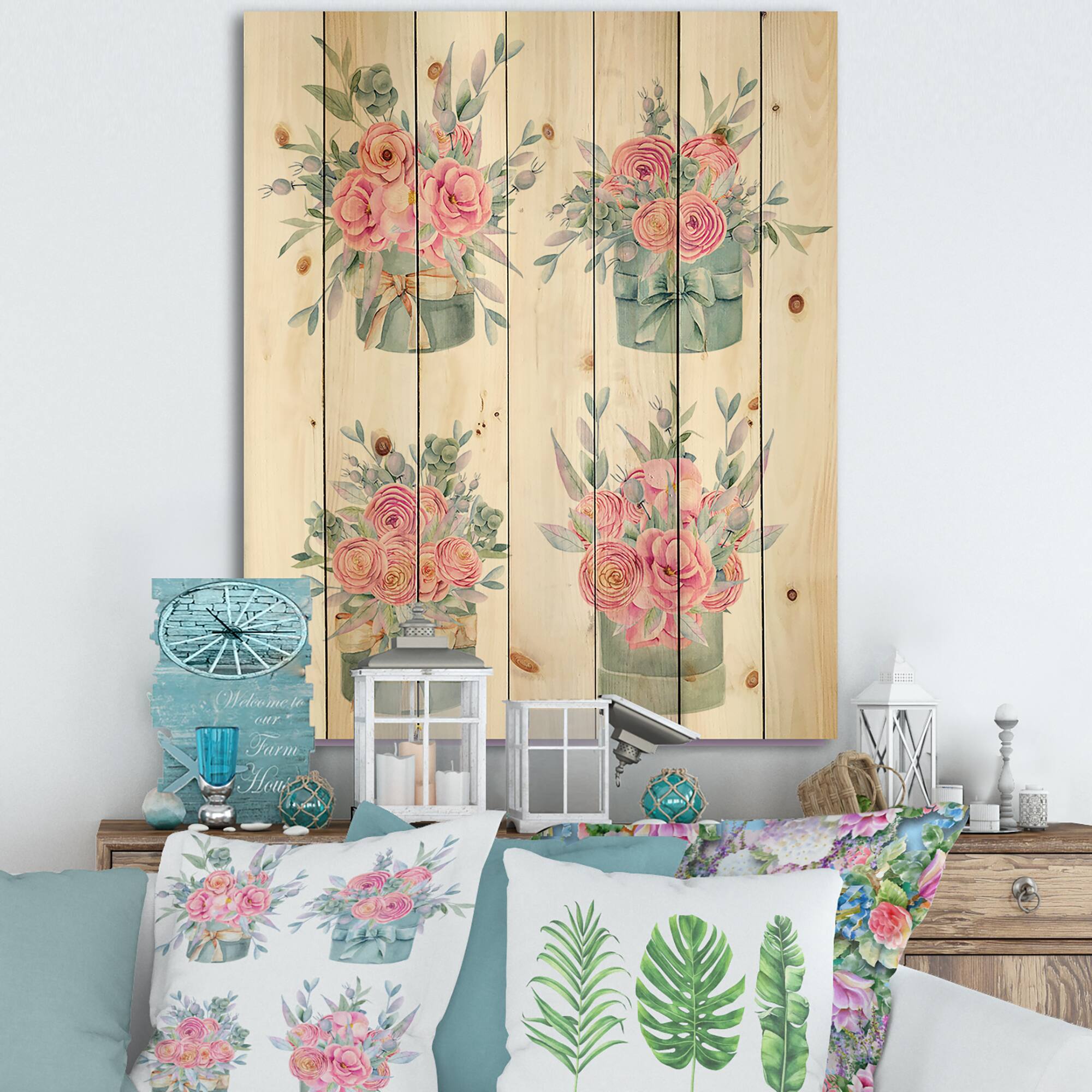 Designart - Collection of Pink Roses - Farmhouse Print on Natural Pine Wood