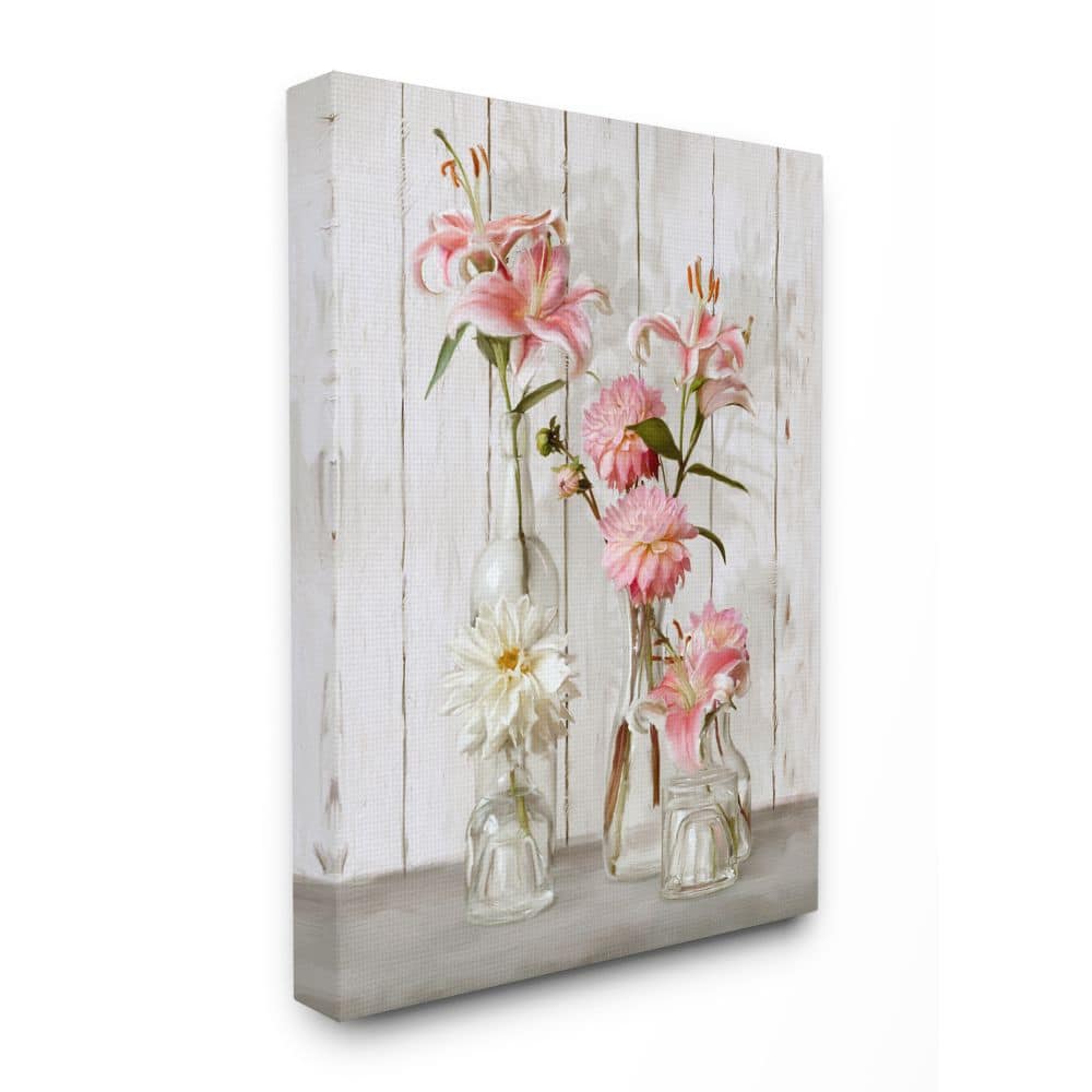 Stupell Industries Spring Pink Florals in Glass Jars Feminine Rustic Flowers Canvas Wall Art