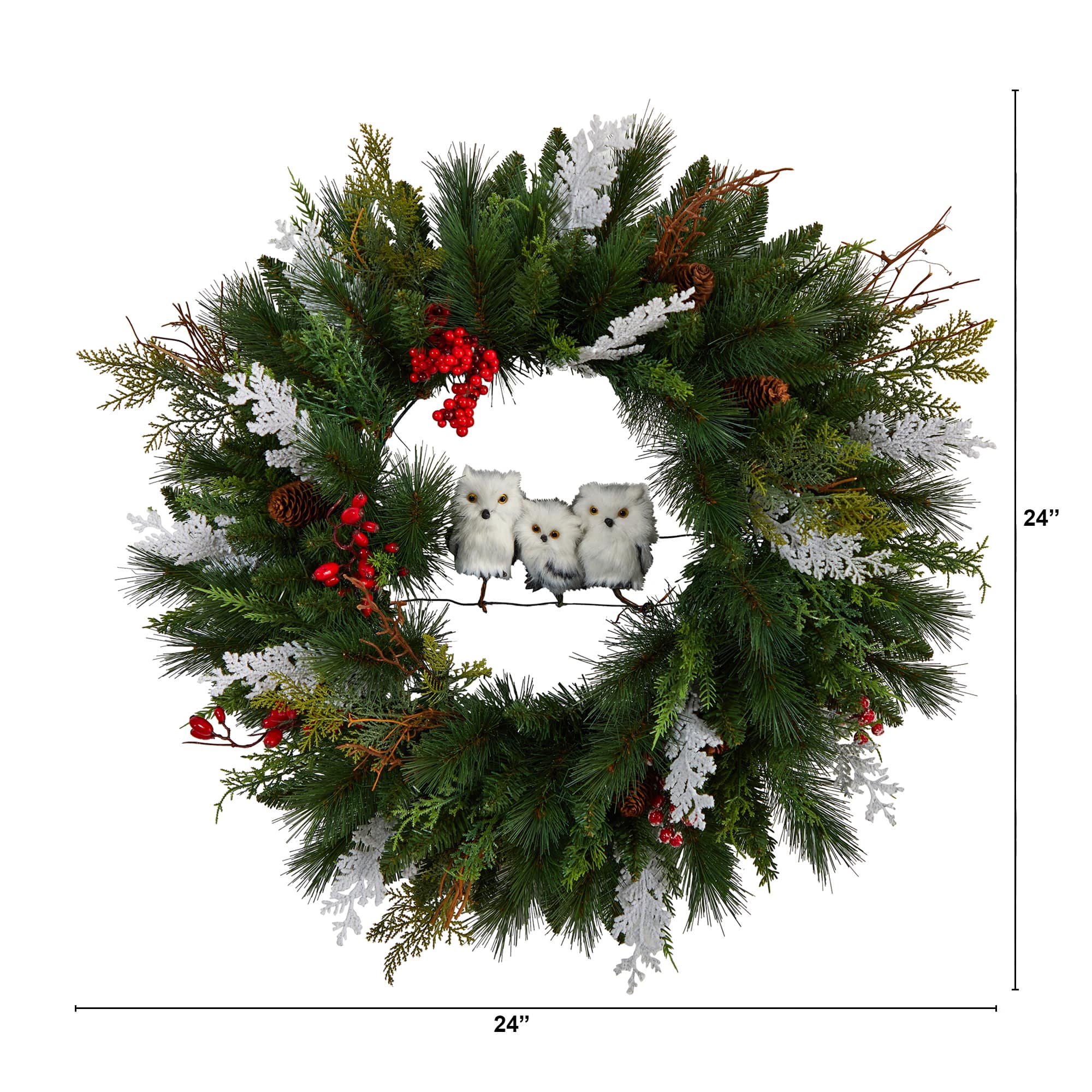 24" Holiday Winter Owl Family Pinecone Berry Christmas Wreath