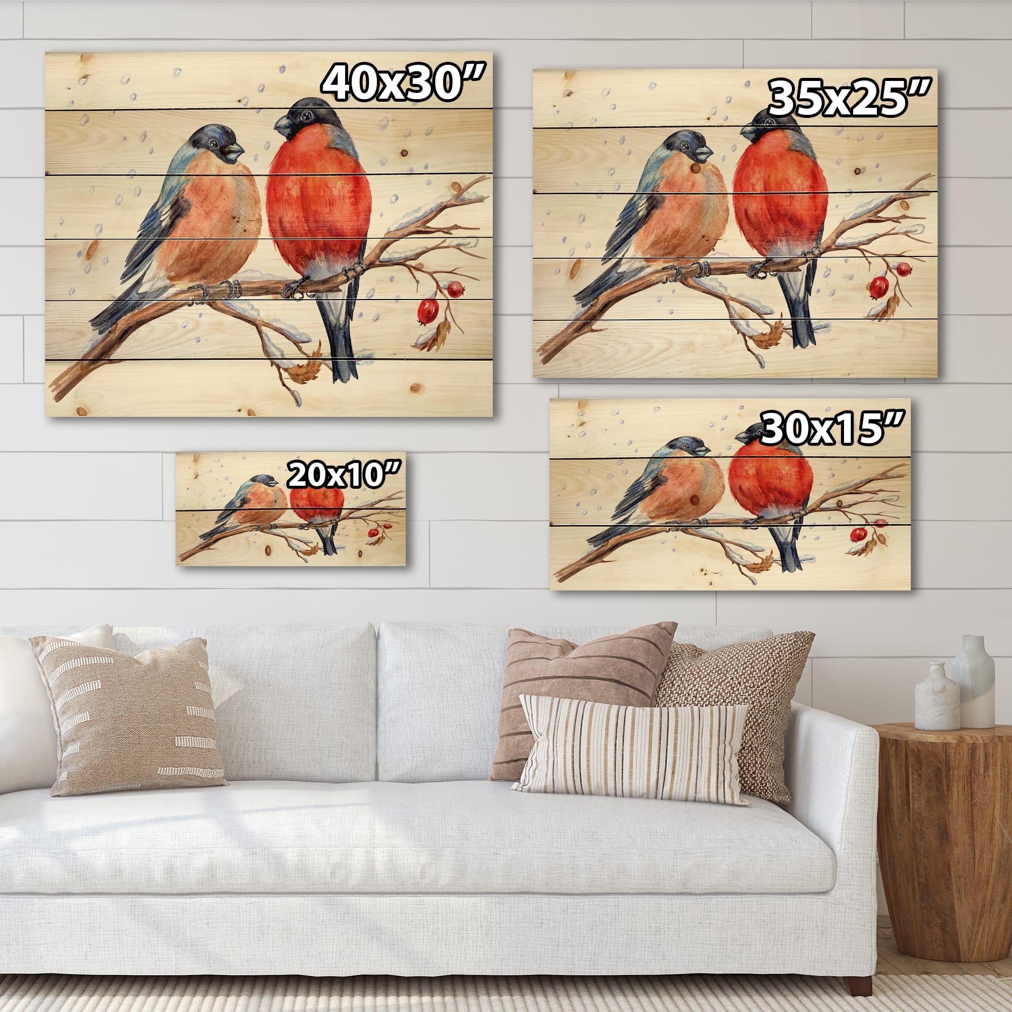 Designart - Two Bullfinches On A Hawthorn Branch with Snowfall
