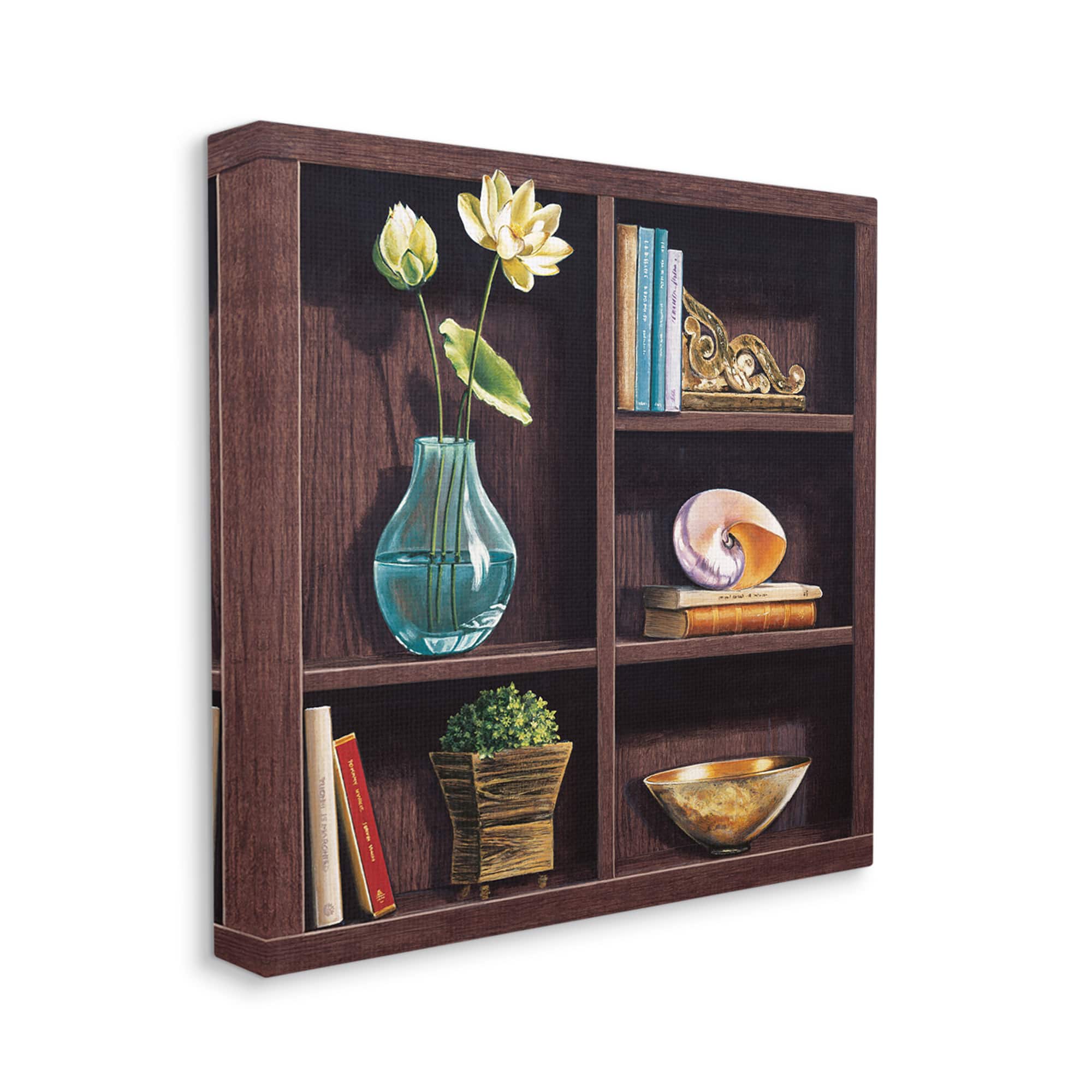 Stupell Industries Elegant Bookshelf Still-Life with Lotus Floral Vase Canvas Wall Art