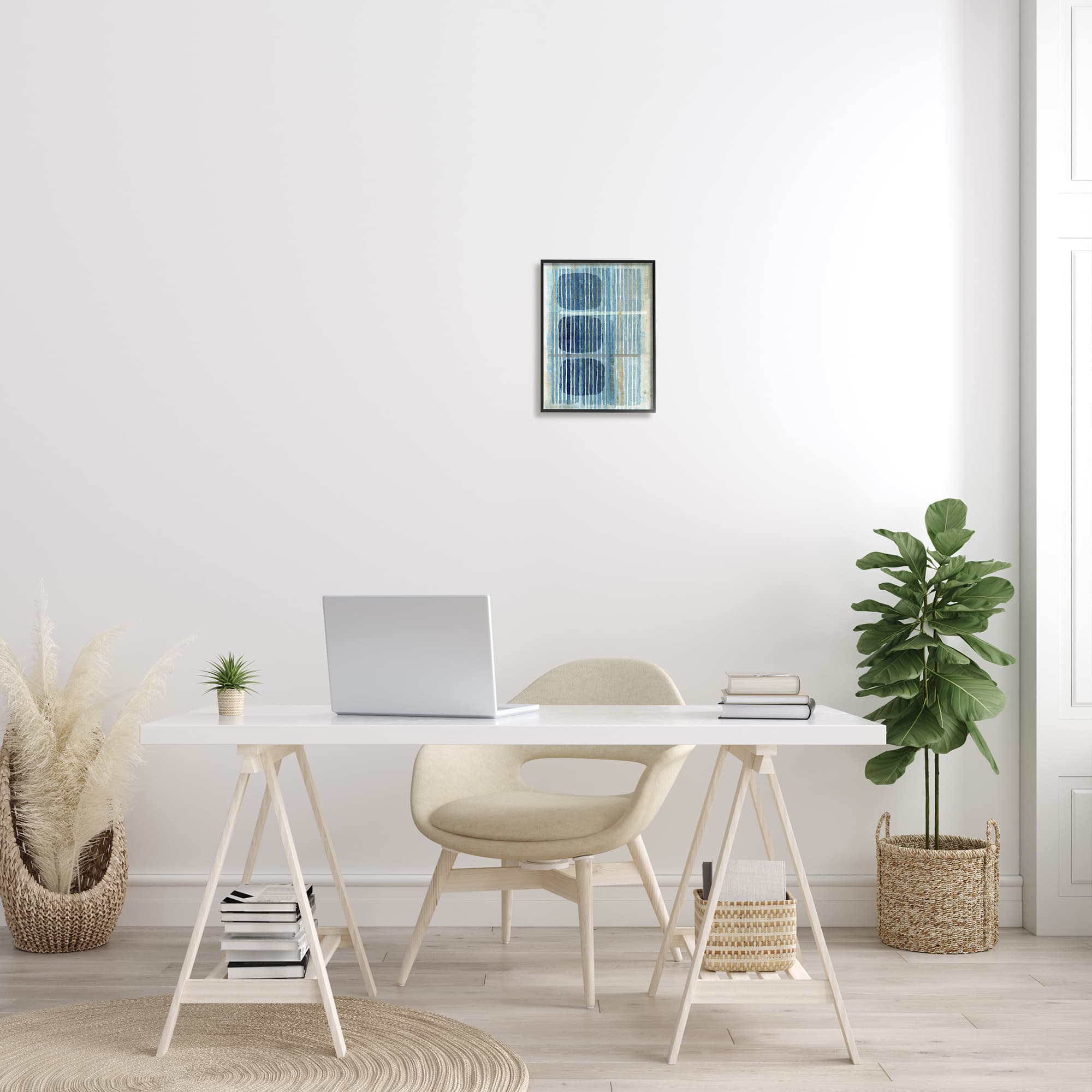Stupell Industries Retro Mod Shapes Blue Beige Stripes Modern Painting Framed Wall Art