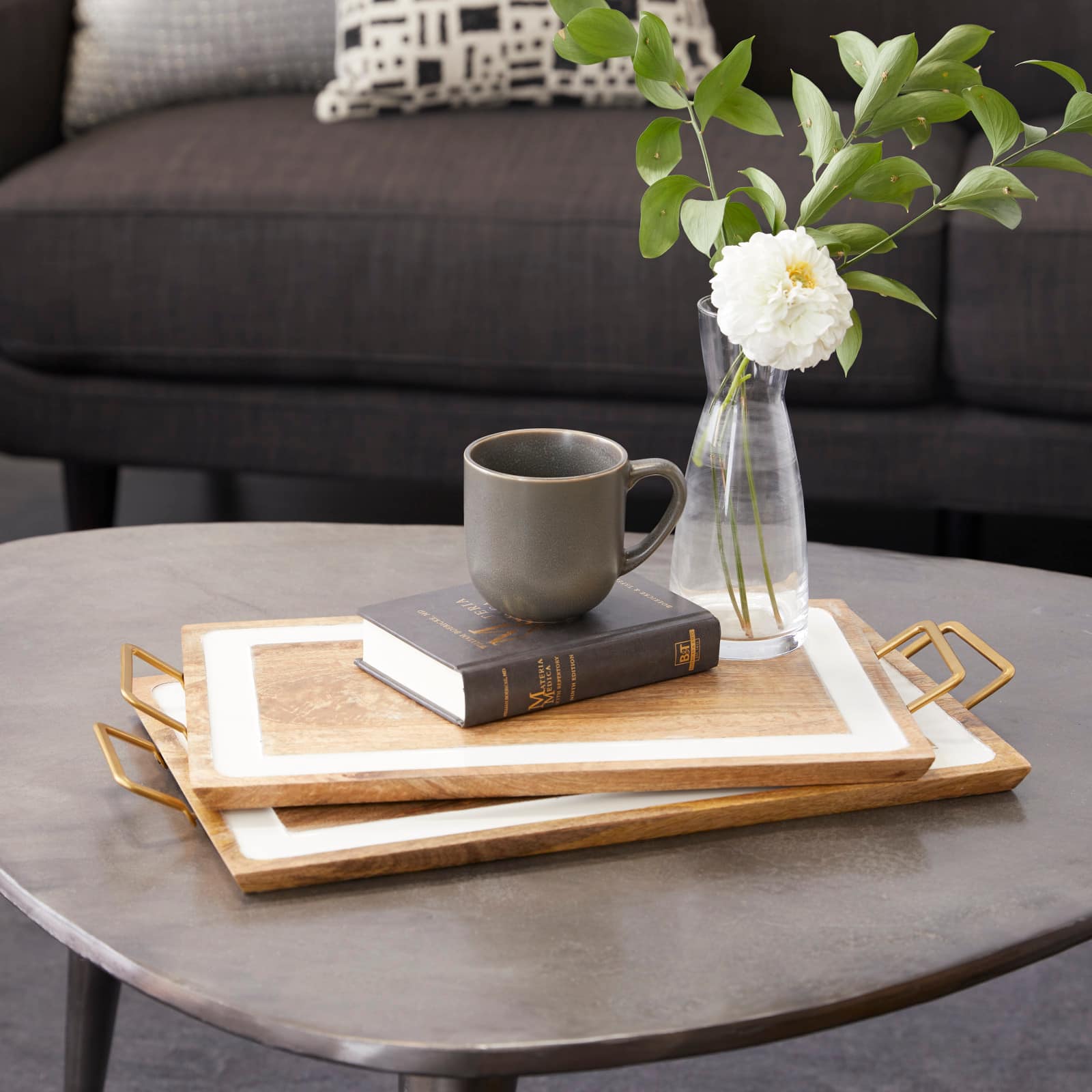 White & Brown Mango Wood Modern Tray Set