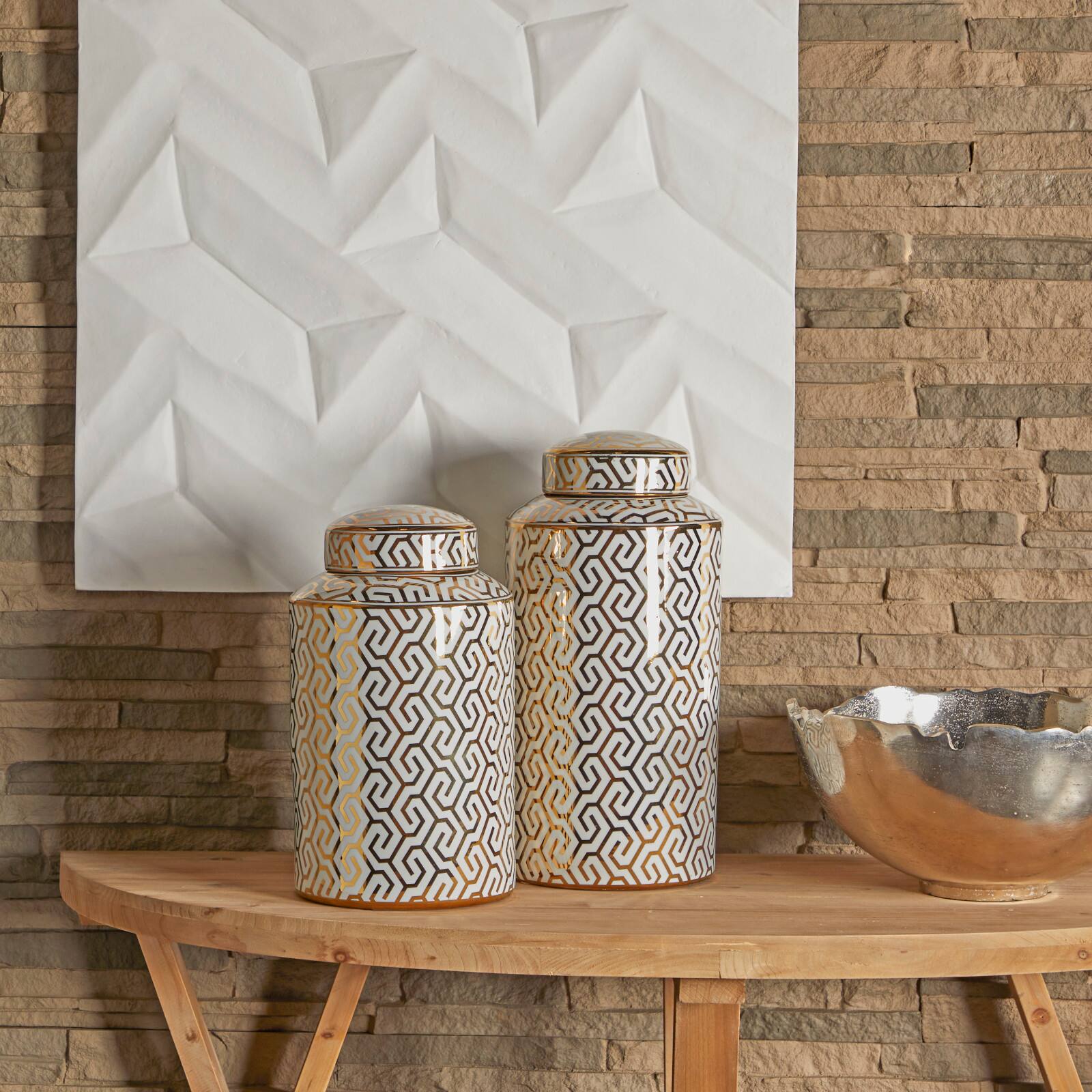 12" Gold Ceramic Geometric Decorative Jars with Gold Accents Set