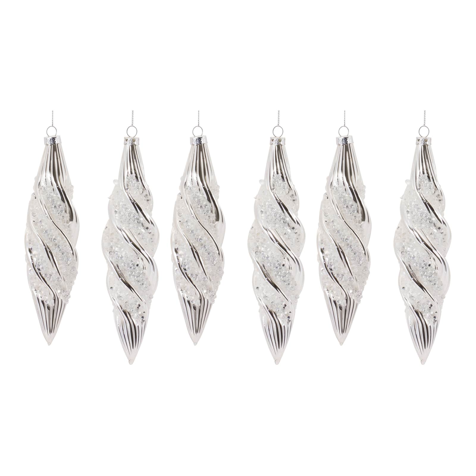Beaded Silver Teardrop Swirl Glass Ornament Set