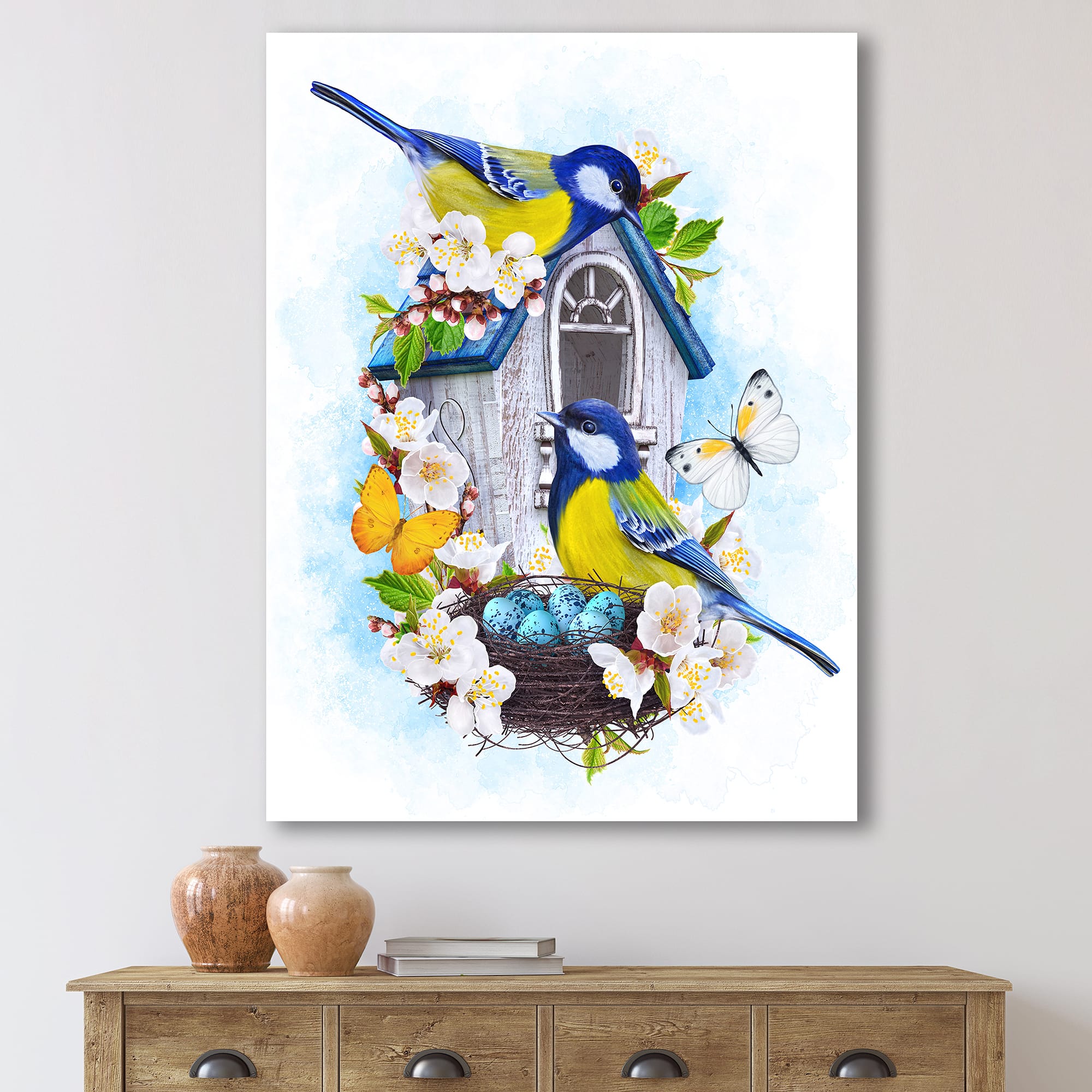 Designart - Two Tit Birds Sitting Near The Nest With Eggs I
