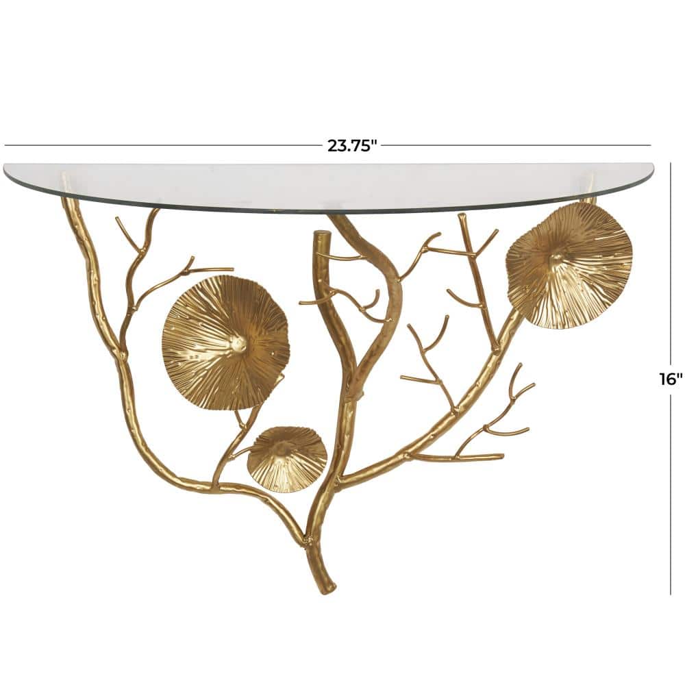 24" x 16" Gold Metal Branch Floral Wall Shelf with Glass Top