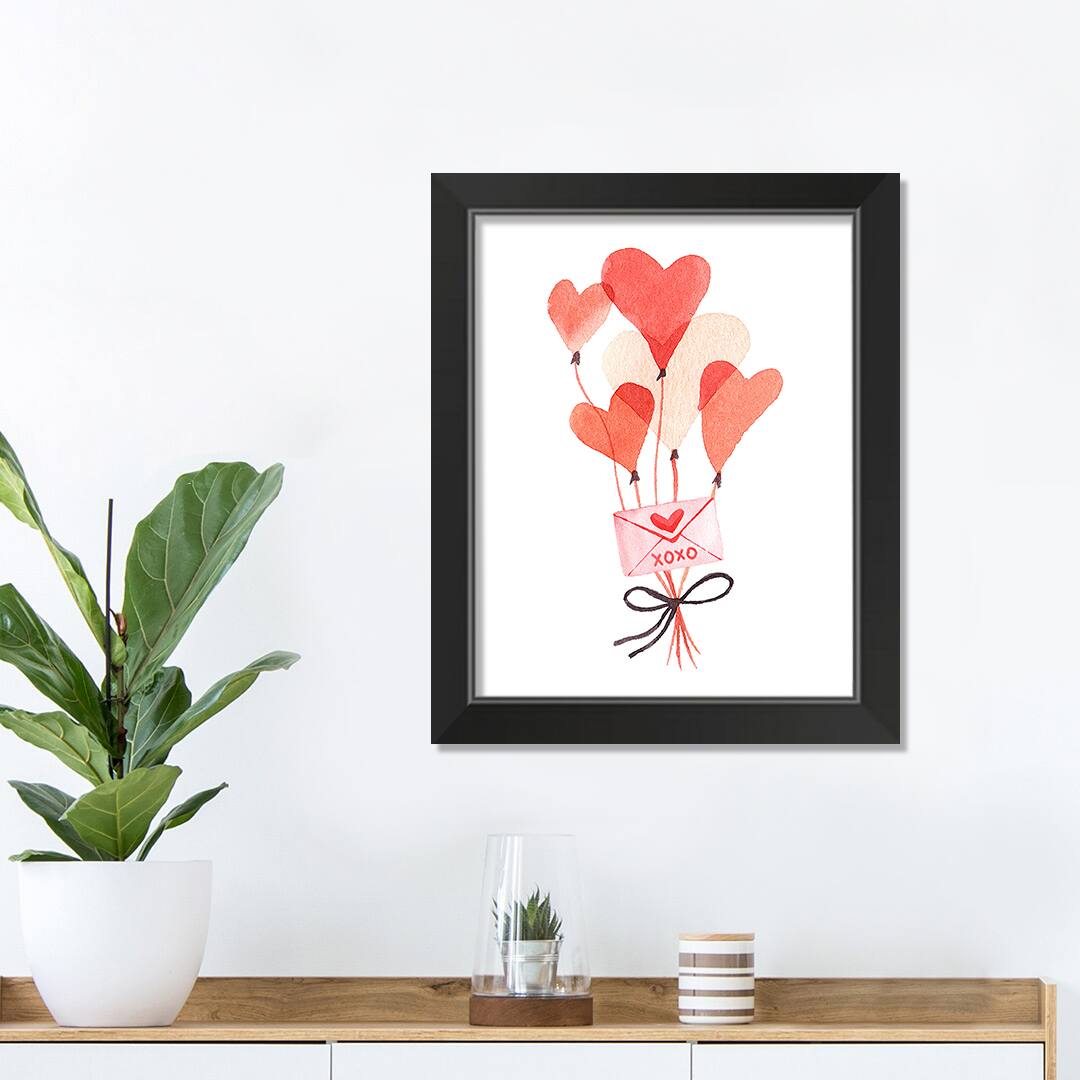 Valentine's Balloon & Note Black Framed Print Under Plexiglass