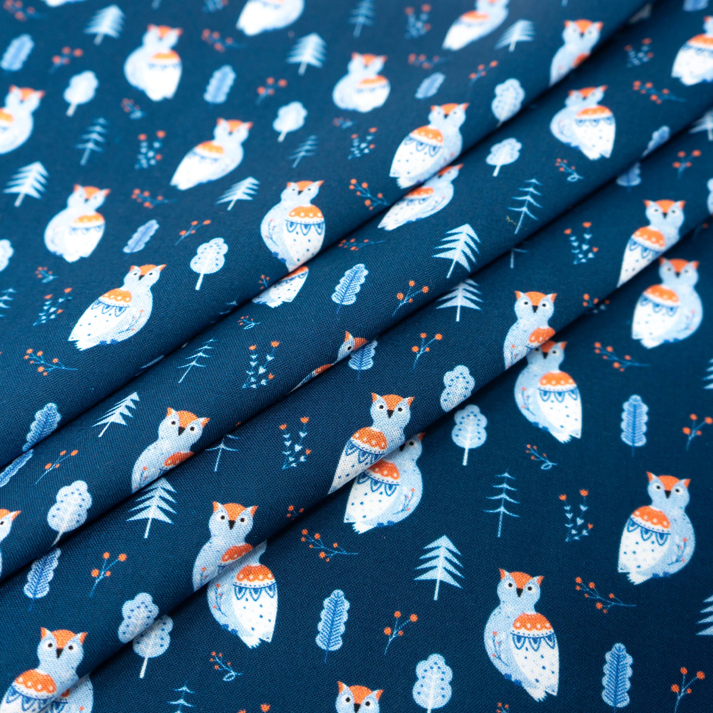 Singer Navy Modern Scandinavian Christmas Owl Printed Cotton Fabric