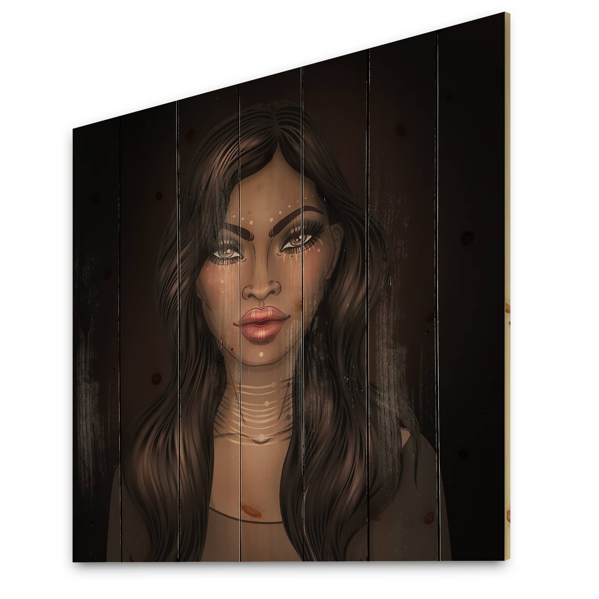 Designart - Portrait of African American Woman IV - Modern Print on Natural Pine Wood