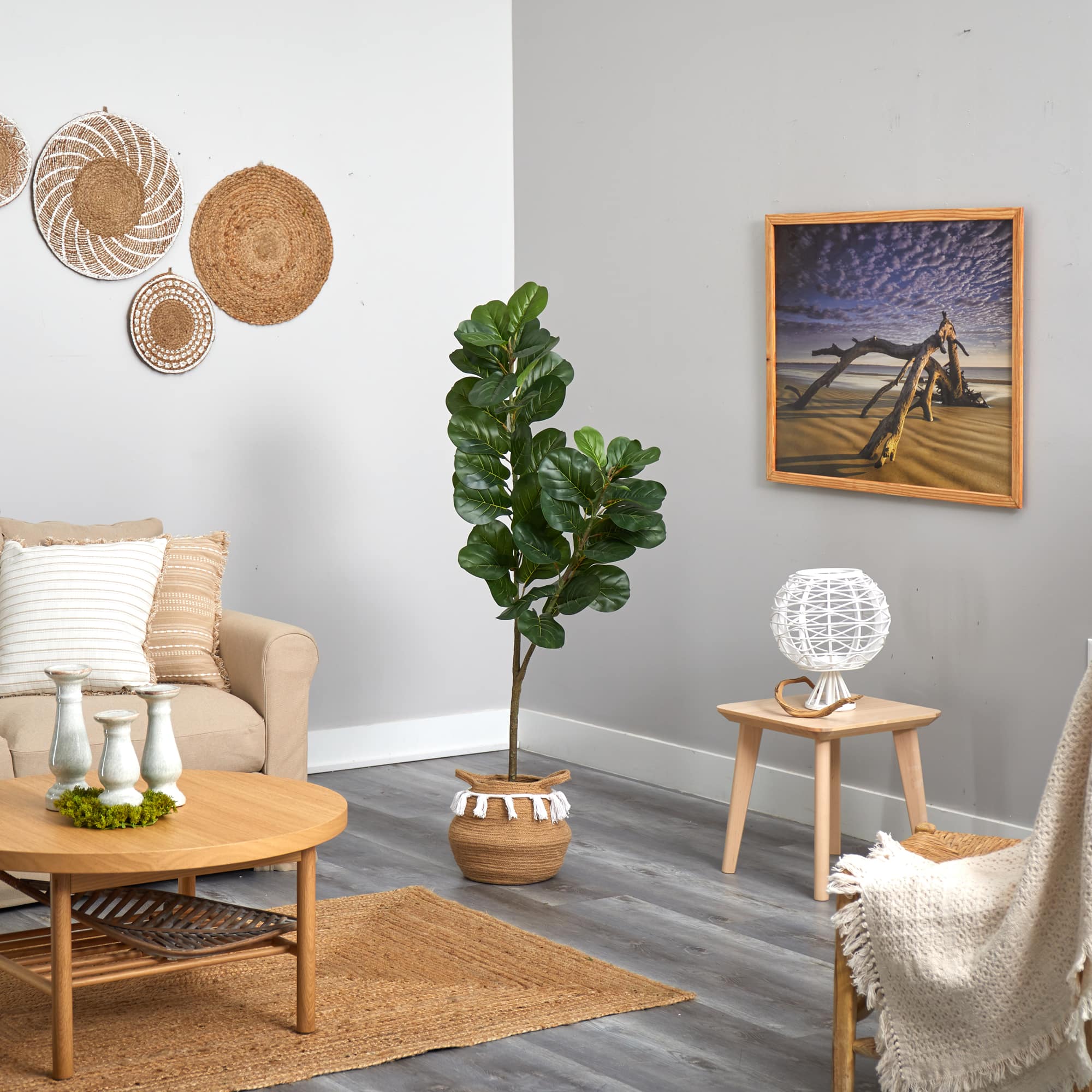 4.5ft. Fiddle Leaf Fig Artificial Tree with Boho Chic Handmade Natural Cotton Woven Planter with Tassels