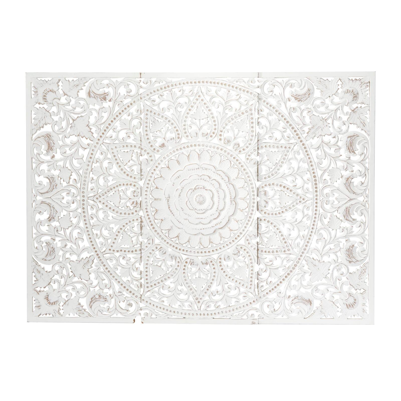 White Wood Handmade Intricately Carved Floral Wall Decor with Mandala Design Set of 3 22", 48"