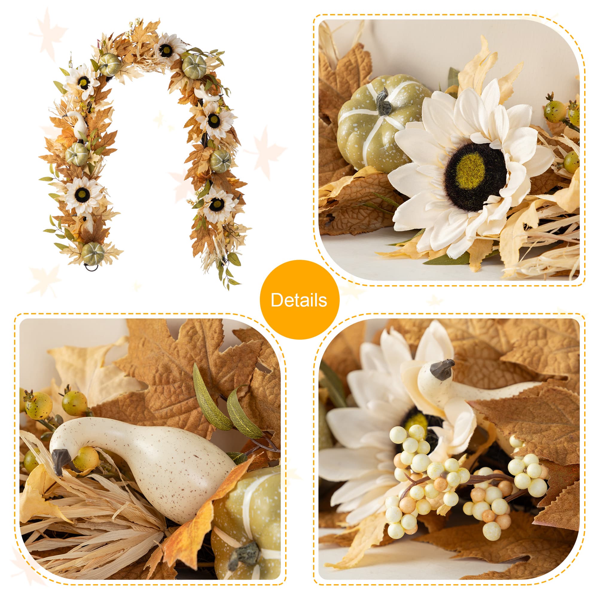 Glitzhome® 72" Fall Neutral Sunflower, Pumpkin and Leaf Garland