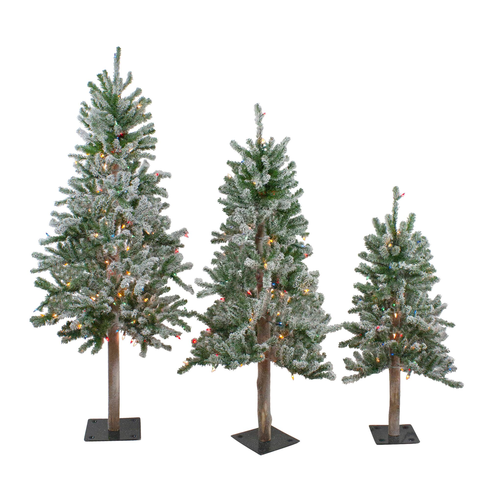 Pre-Lit Slim Flocked Alpine Artificial Christmas Trees Set