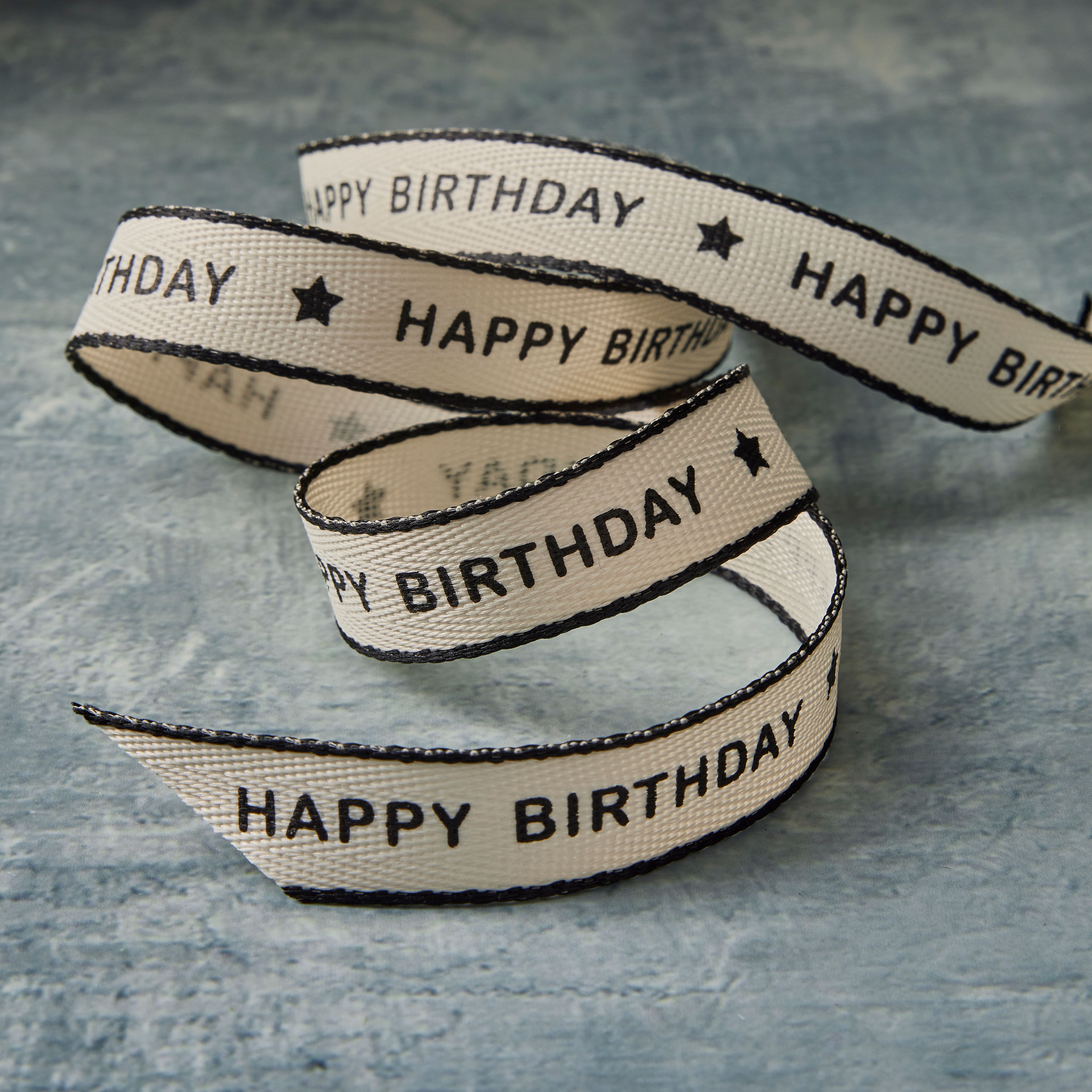 5/8" x 7yd. Black Happy Birthday Faux Linen Ribbon by Celebrate It® Classic