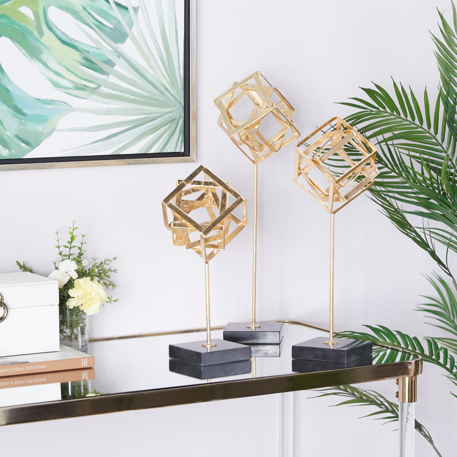 CosmoLiving by Cosmopolitan Set of 3 Gold Marble Contemporary Sculpture, 19" x 6" x 6"