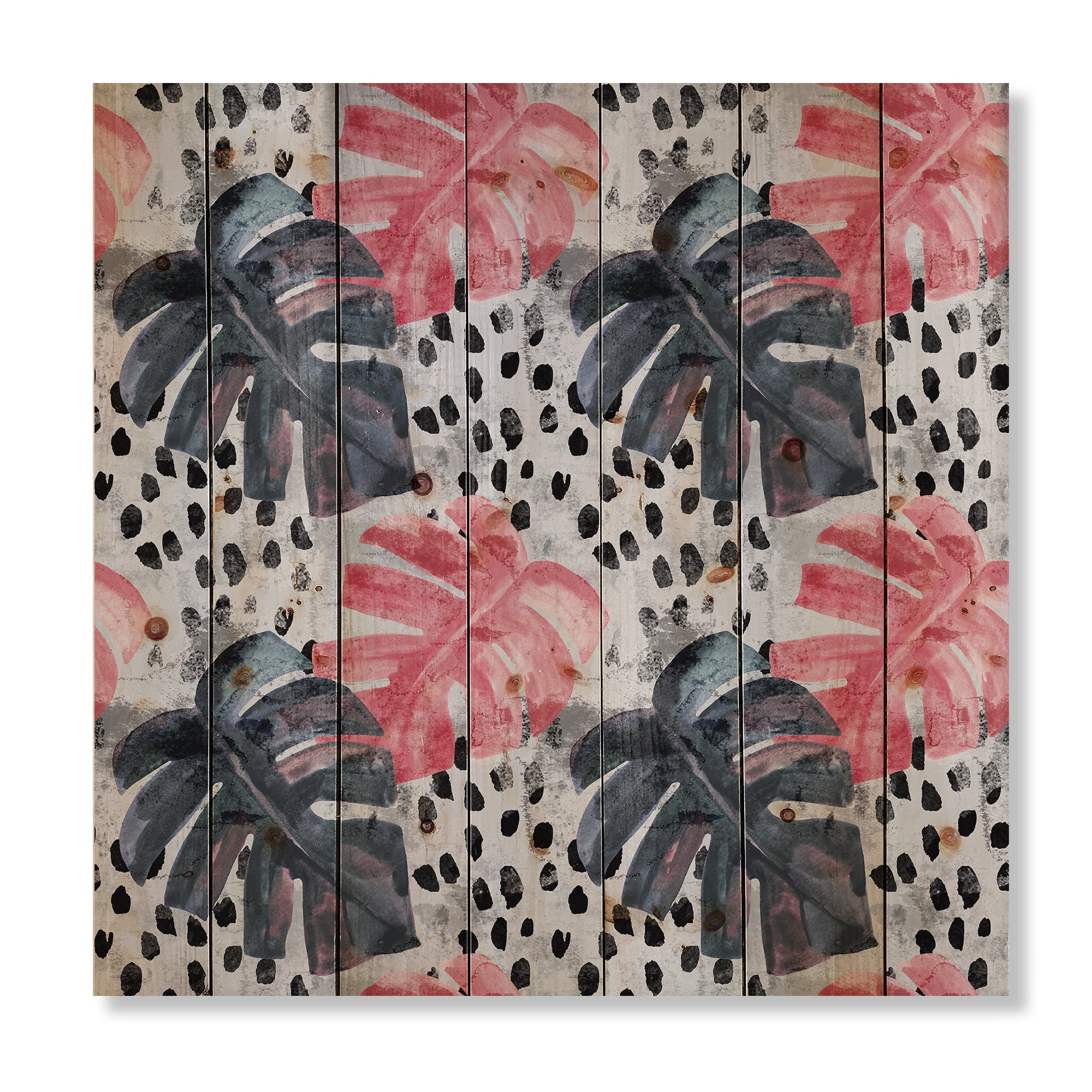 Designart - Colored Monstera On Rough Brush Strokes I - Tropical Print on Natural Pine Wood