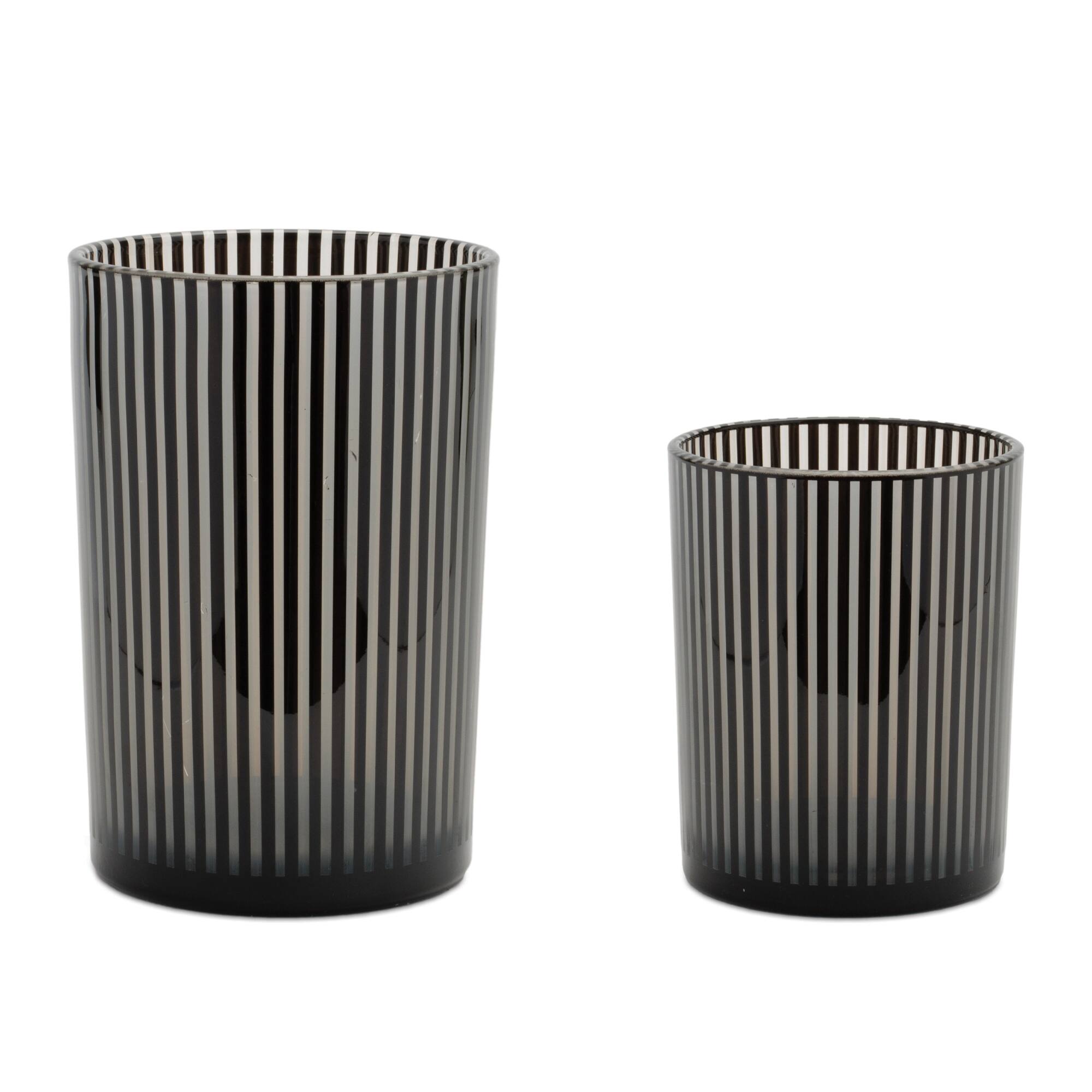 Black & White Striped Glass Candle Holder Set