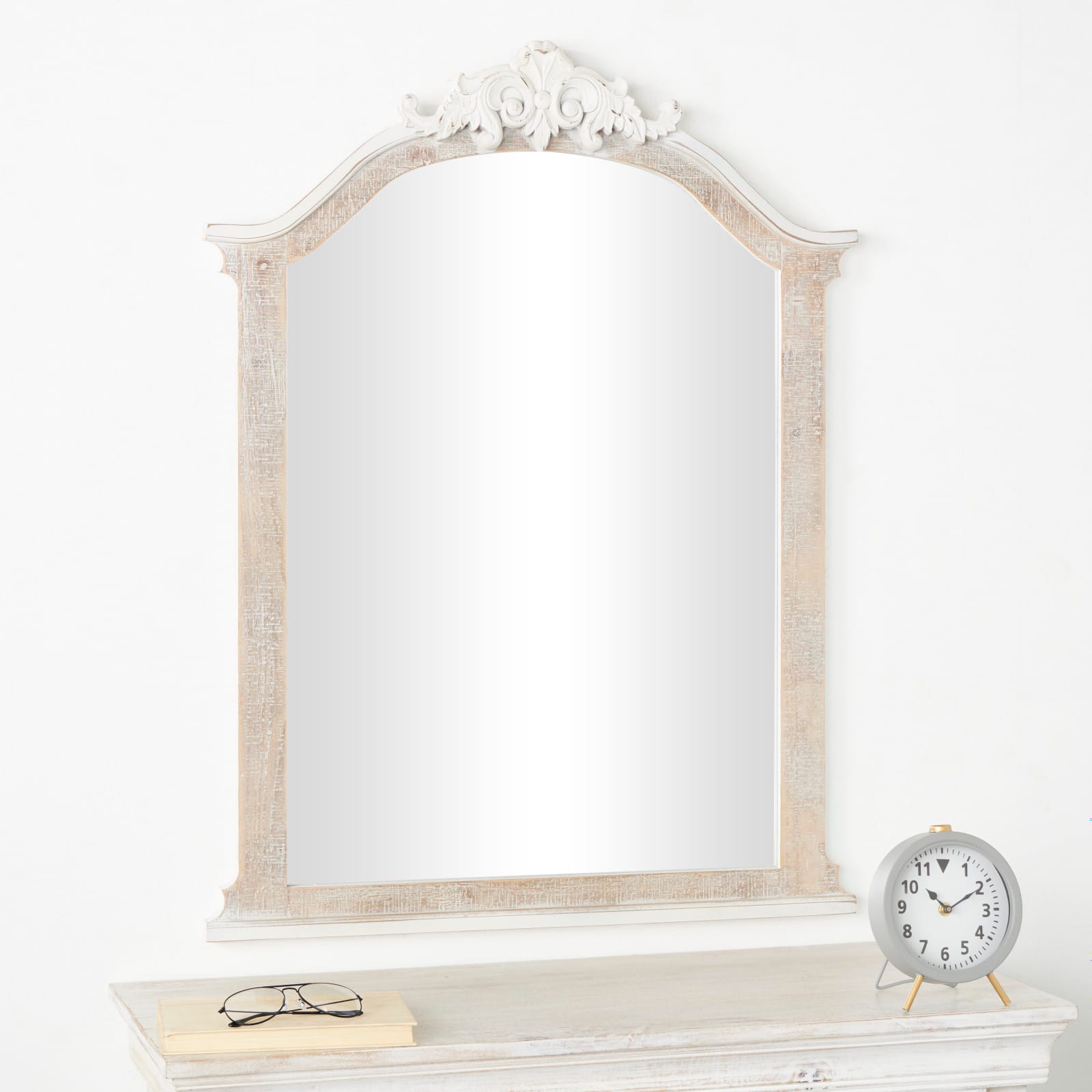 Cream Wooden Arched Scroll Room Wall Mirror with Brown Distressing