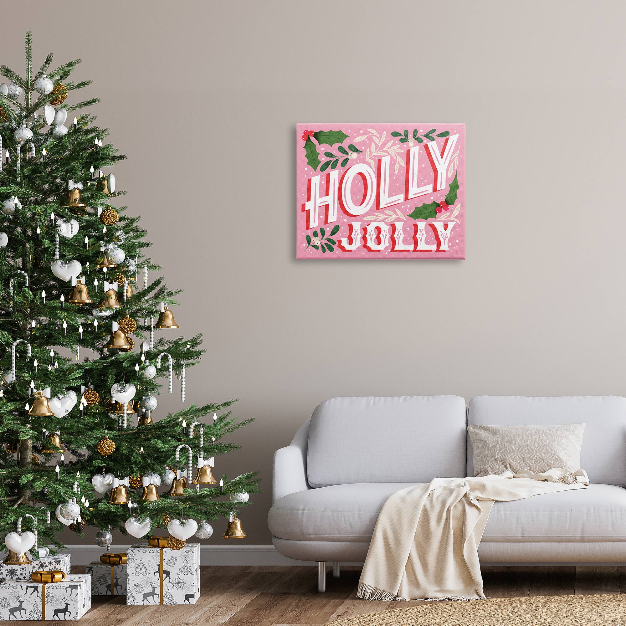 Stupell Industries Bold Pink Holly Jolly Phrase Canvas Wall Art