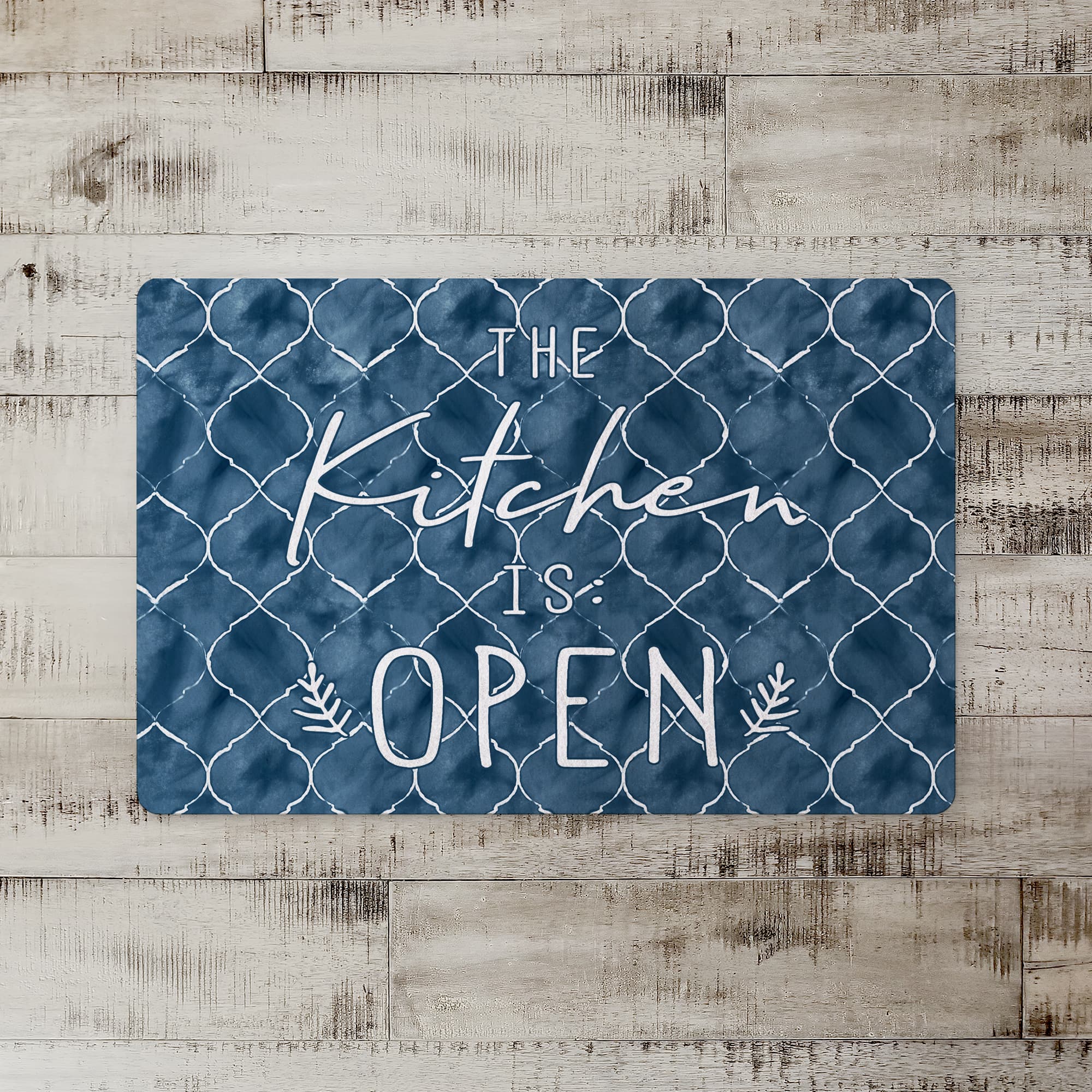 Blue with White The Kitchen is Open Text Floor Mat