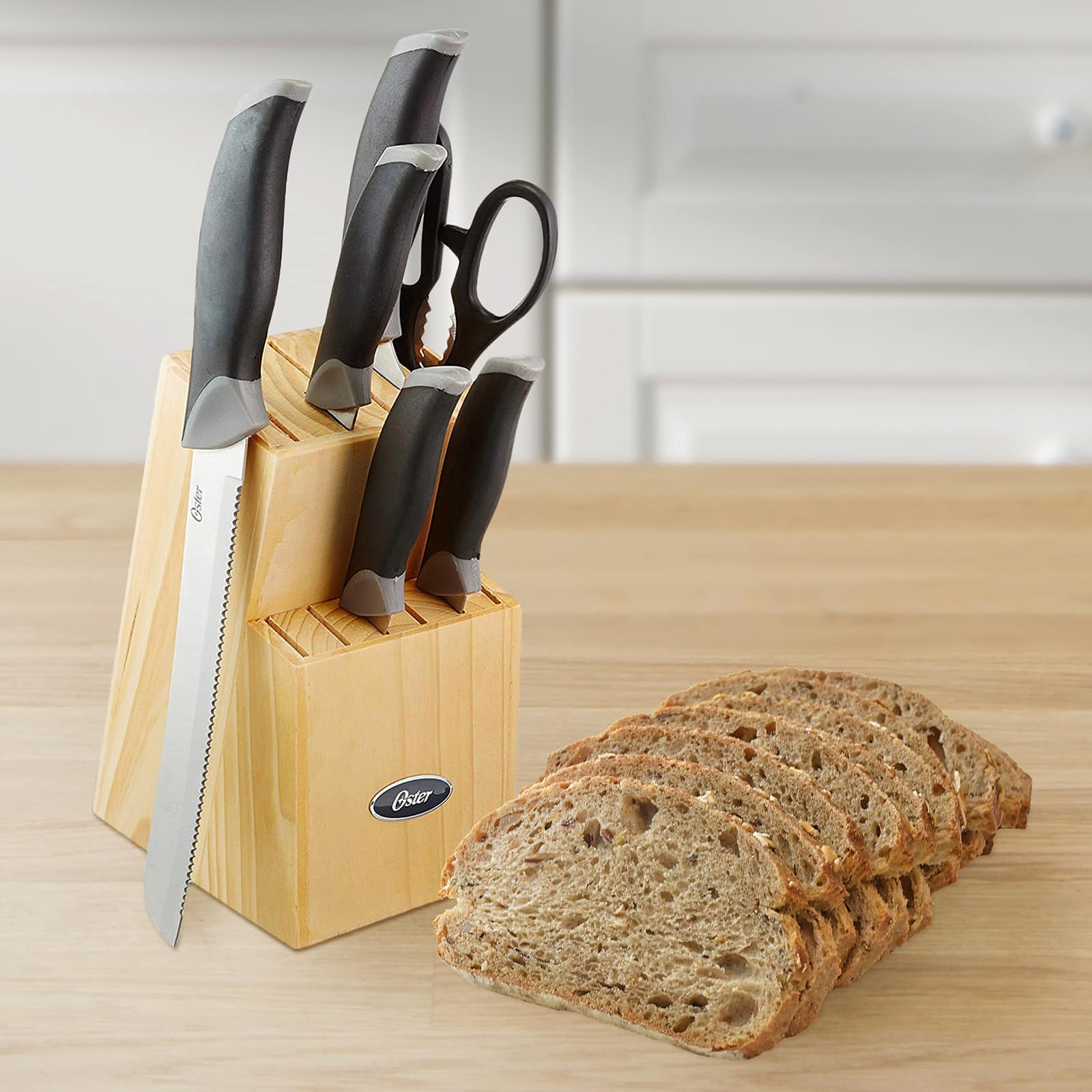 Oster Lindbergh 14 Piece Stainless Steel Cutlery Knife Set with Pine Wood Block