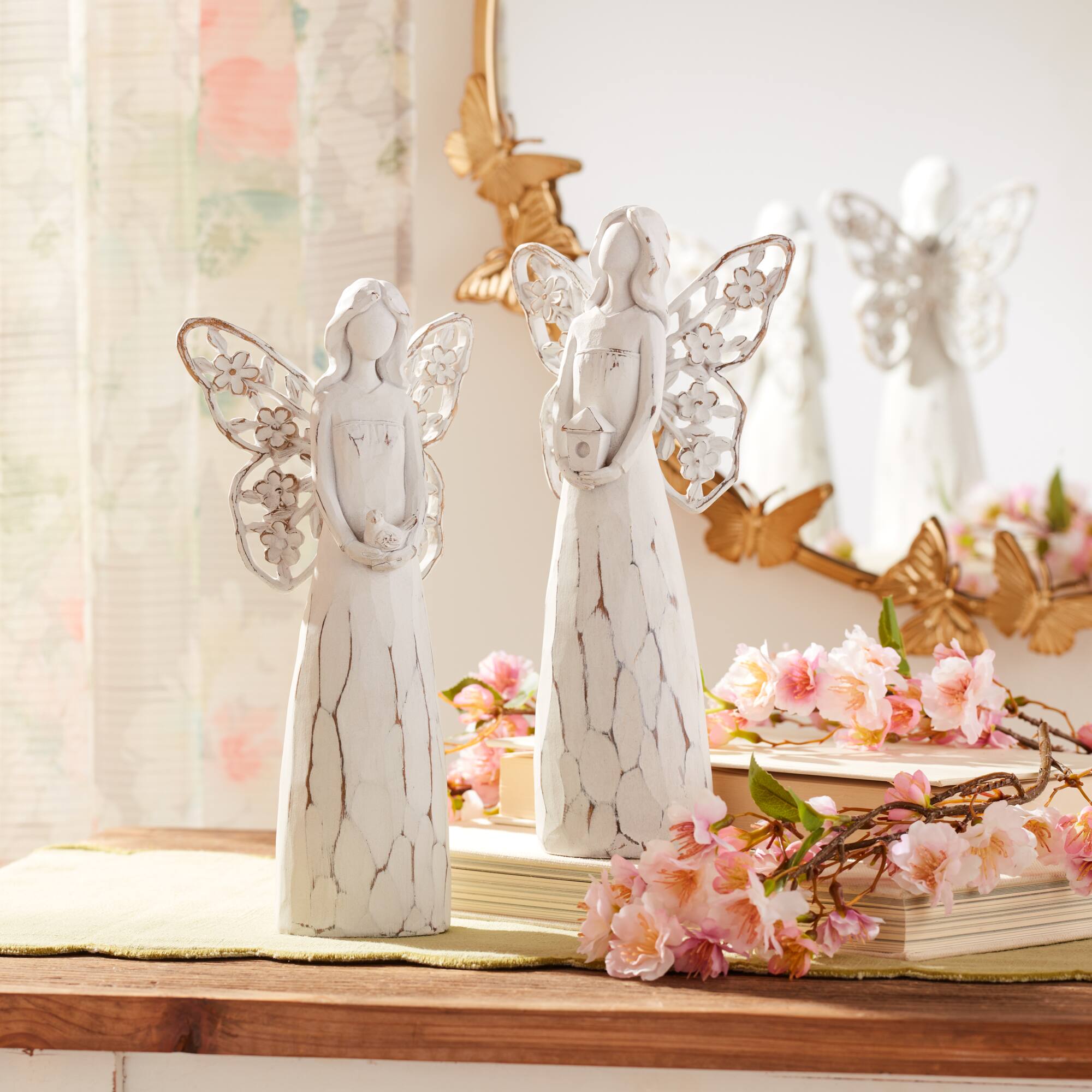 White & Beige Butterfly Wing Angel Figurine Set