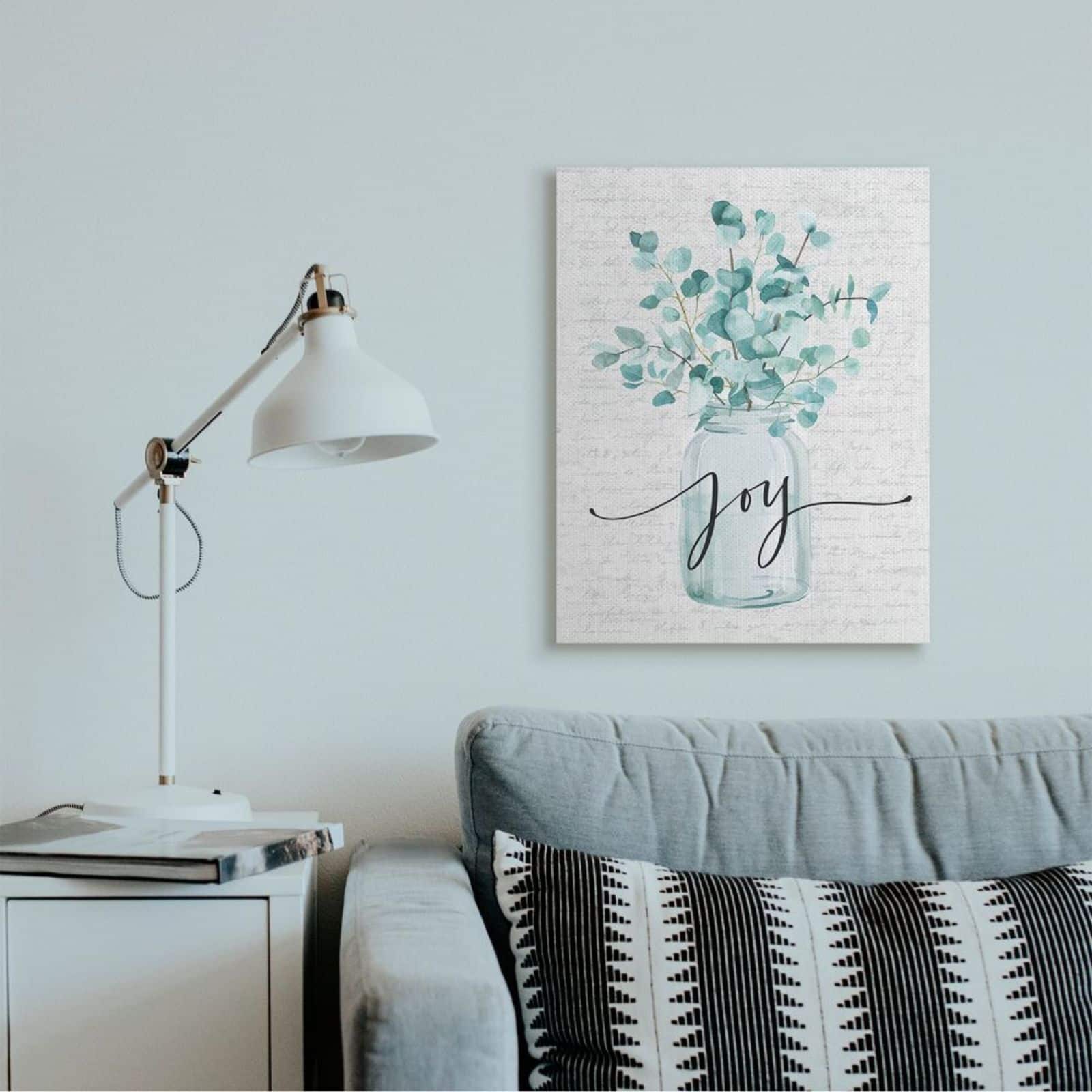 Stupell Industries Aqua Blue Plant Leaves In Joy Jar Canvas Wall Art