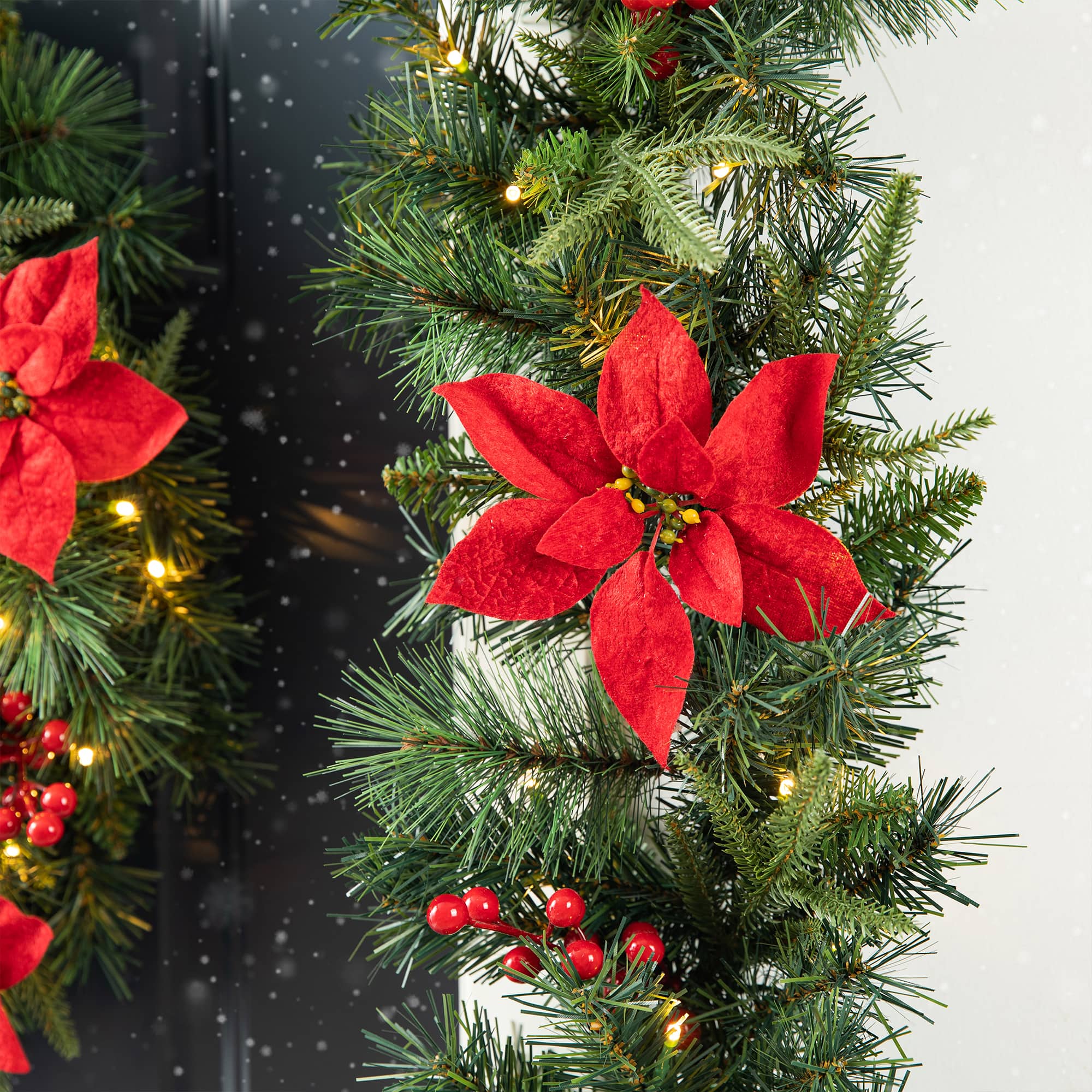 Glitzhome® 9ft. Pre-Lit Greenery Pine Poinsettia and Berries Christmas Garland with LED Lights and Timer