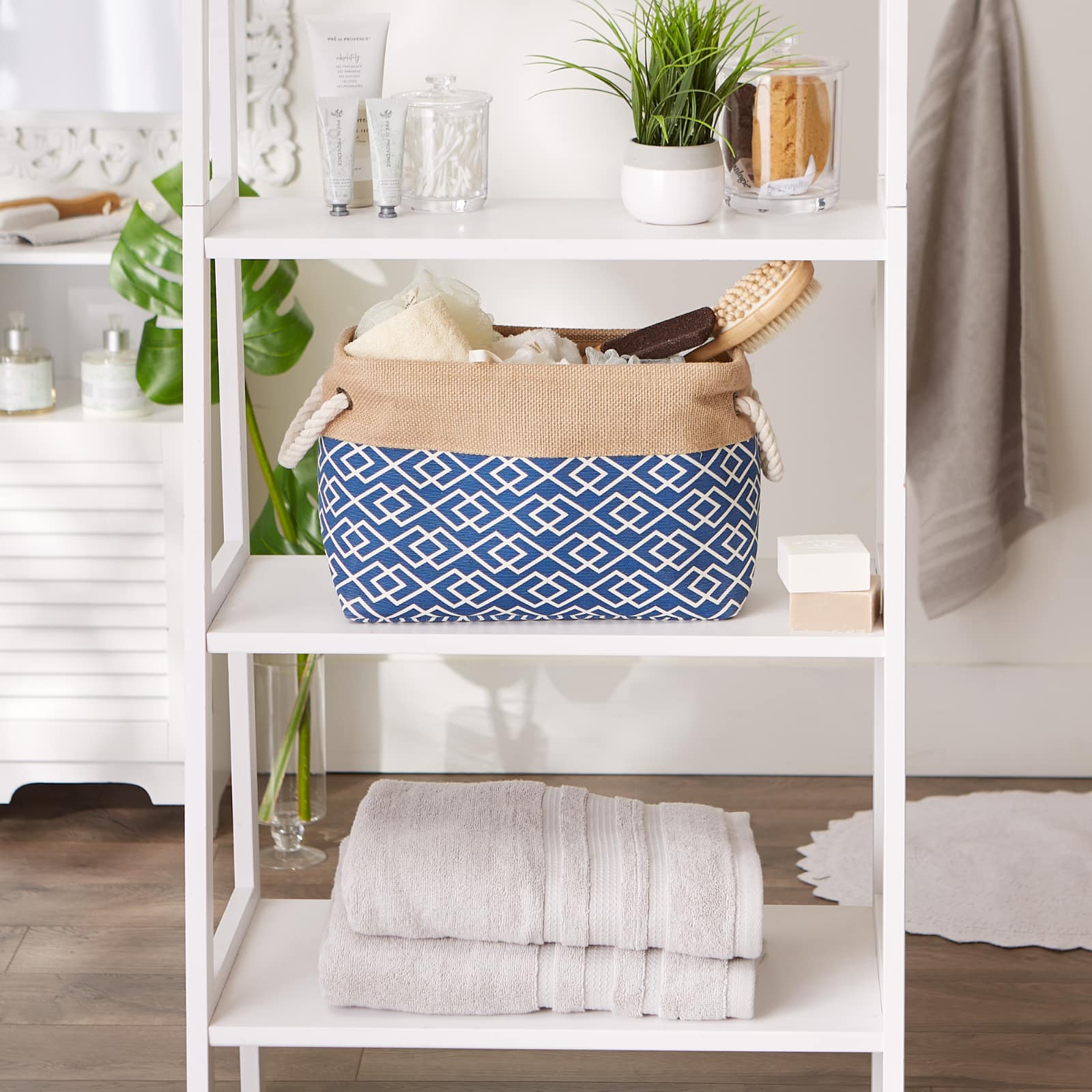 Small Navy Burlap Diamond Rectangle Bin