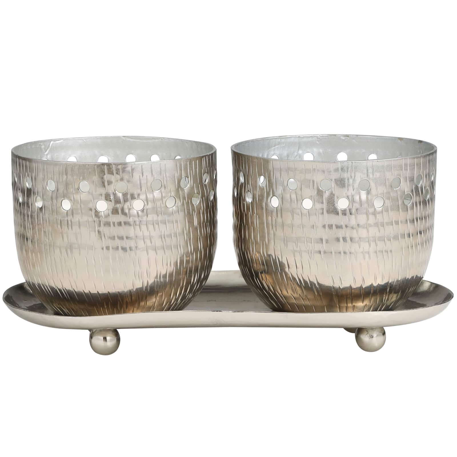 White Wax Vanilla Marshmallow Scented Candle Set with Cutout Spotted Silver Container and Oval Holding Tray