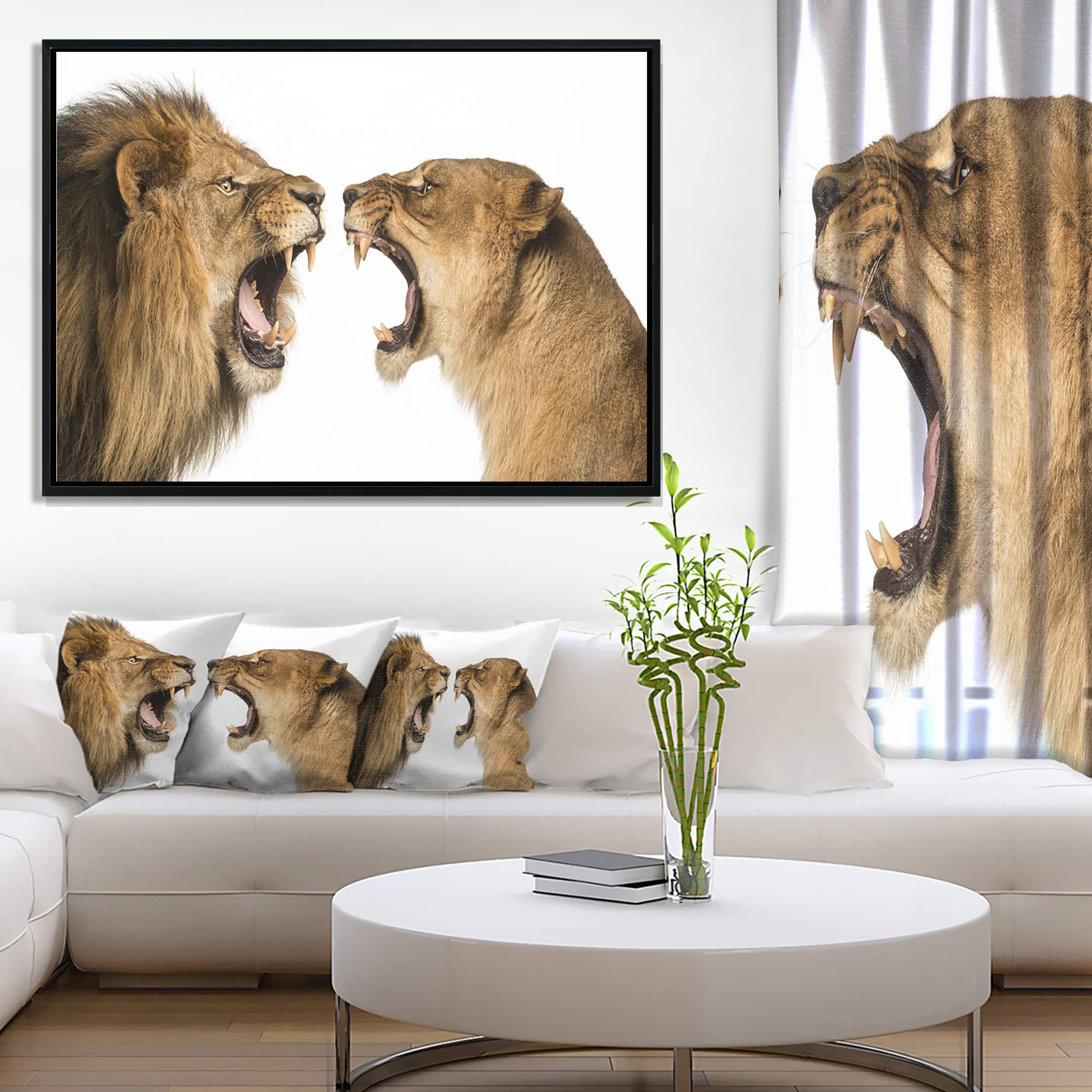 Designart - Lion and Lioness Roaring - Abstract Canvas Art Print in Black Frame