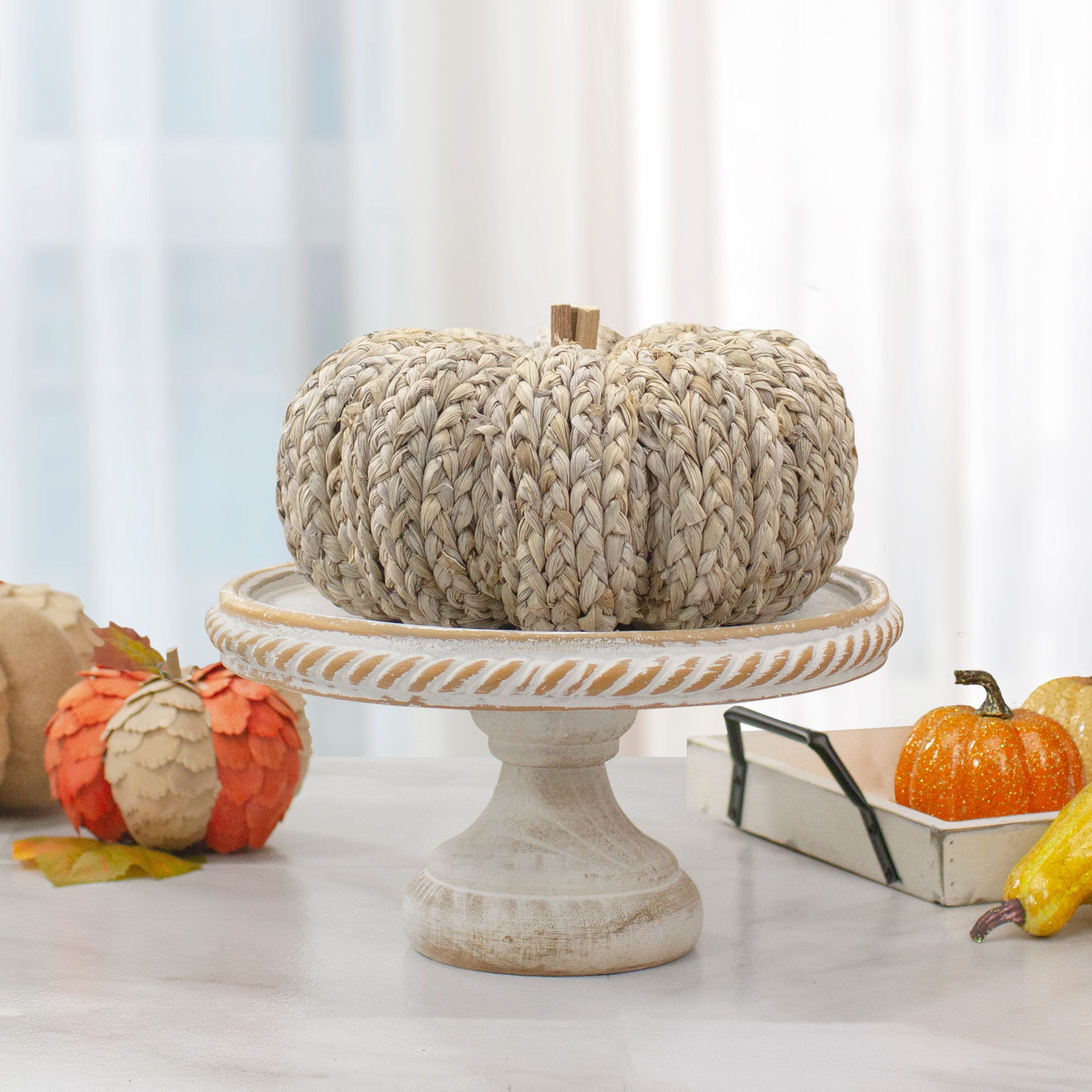 9.5" Beige Weaved Autumn Harvest Tabletop Pumpkin