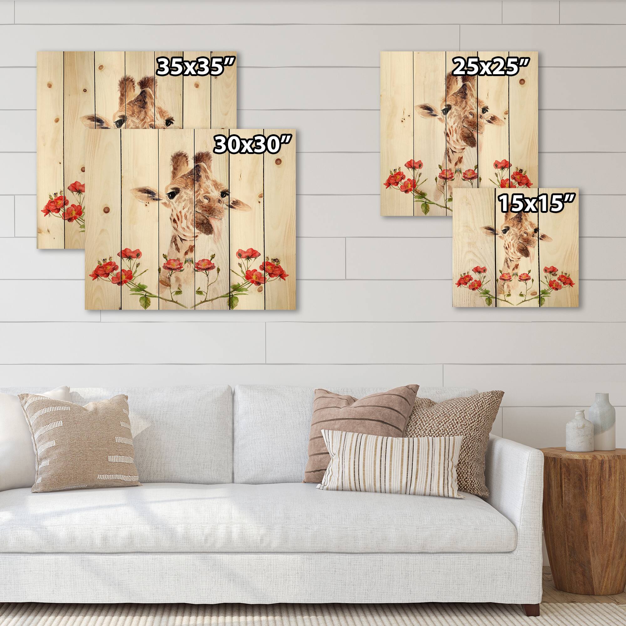 Designart - Portrait of A Giraffe With Flowers II - Farmhouse Print on Natural Pine Wood