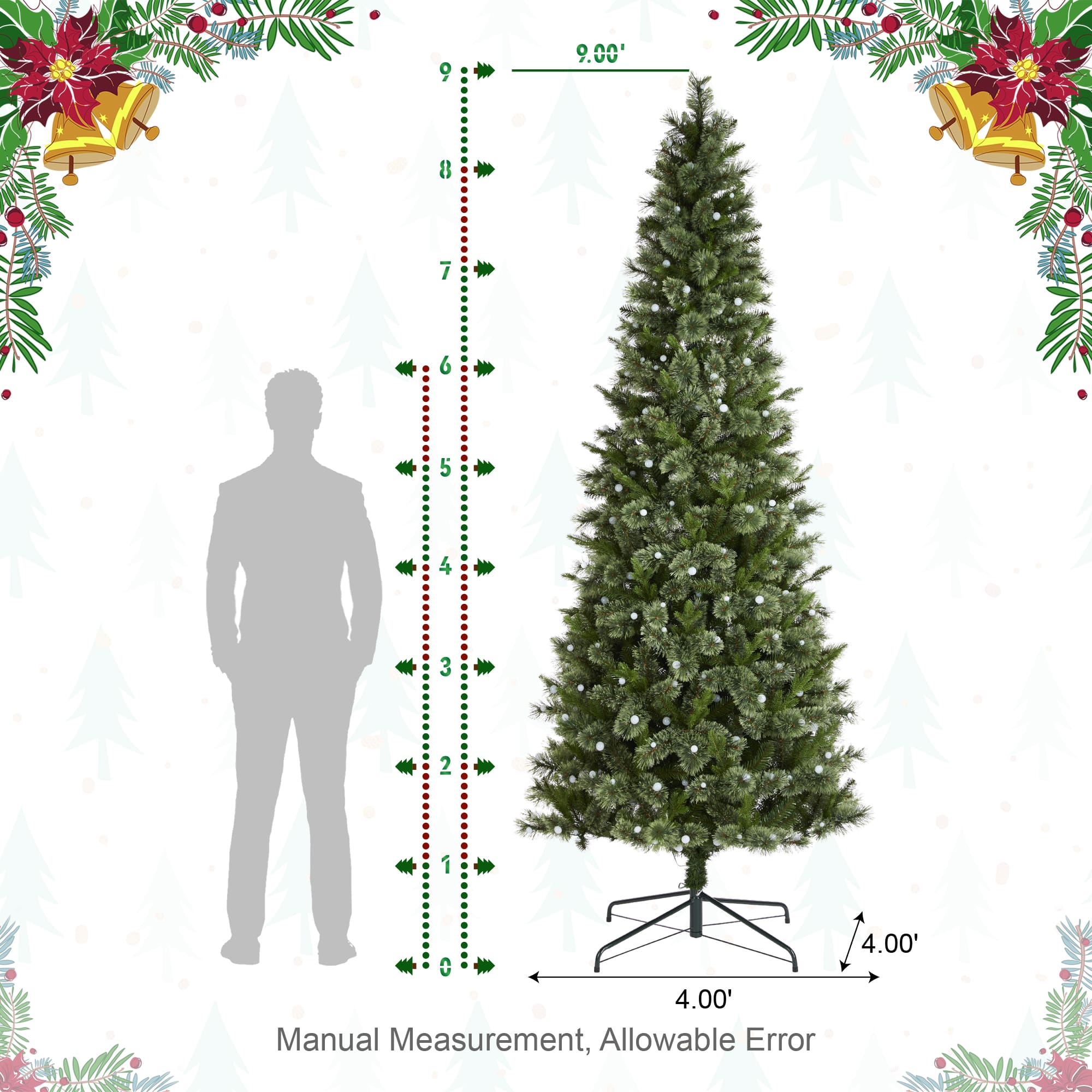 Glitzhome® 9ft Pre-Lit Green Cashmere Slim Pine Artificial Christmas Tree, Multicolor LED Lights