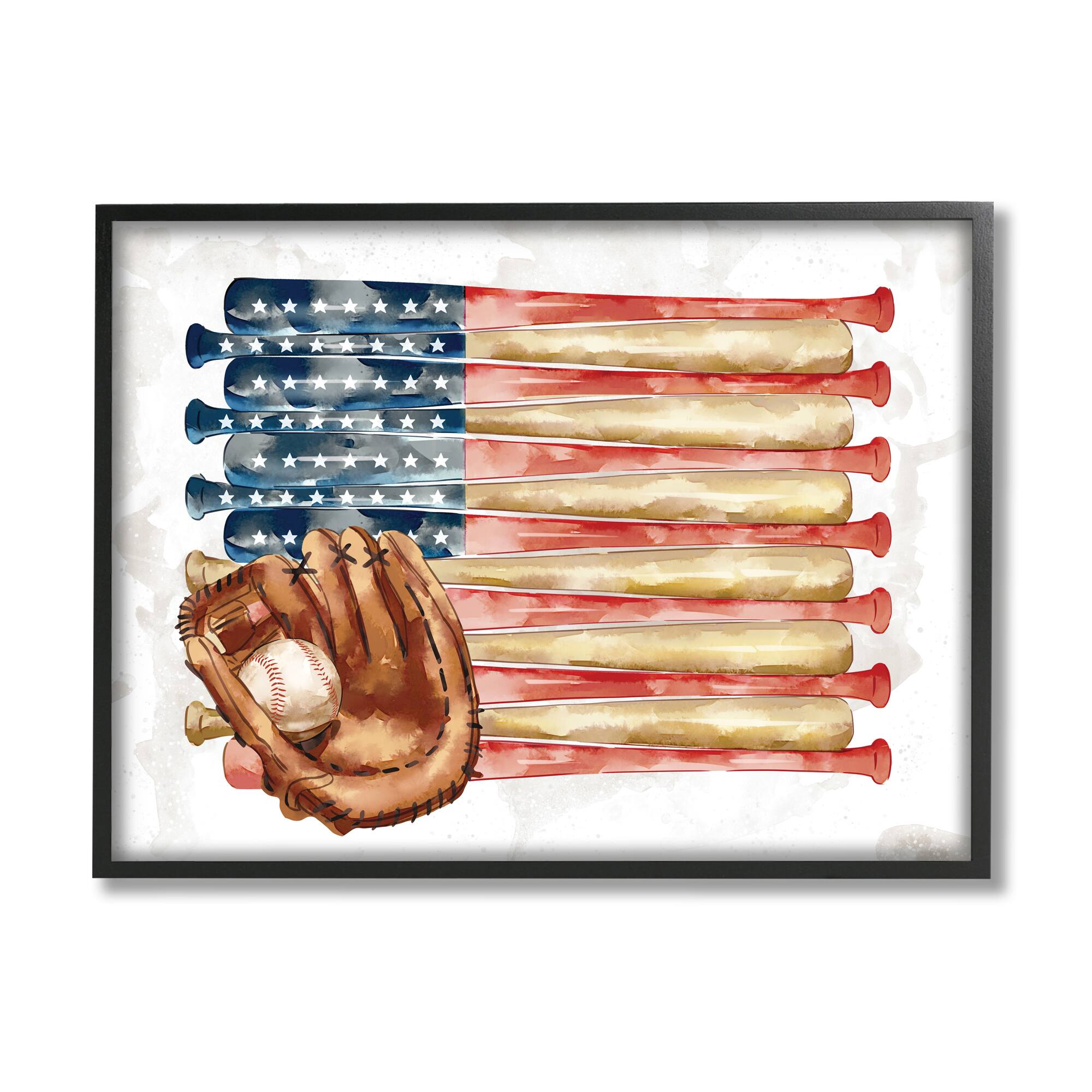 Stupell Industries American Baseball Flag Children's Sports Mitt Framed Wall Art