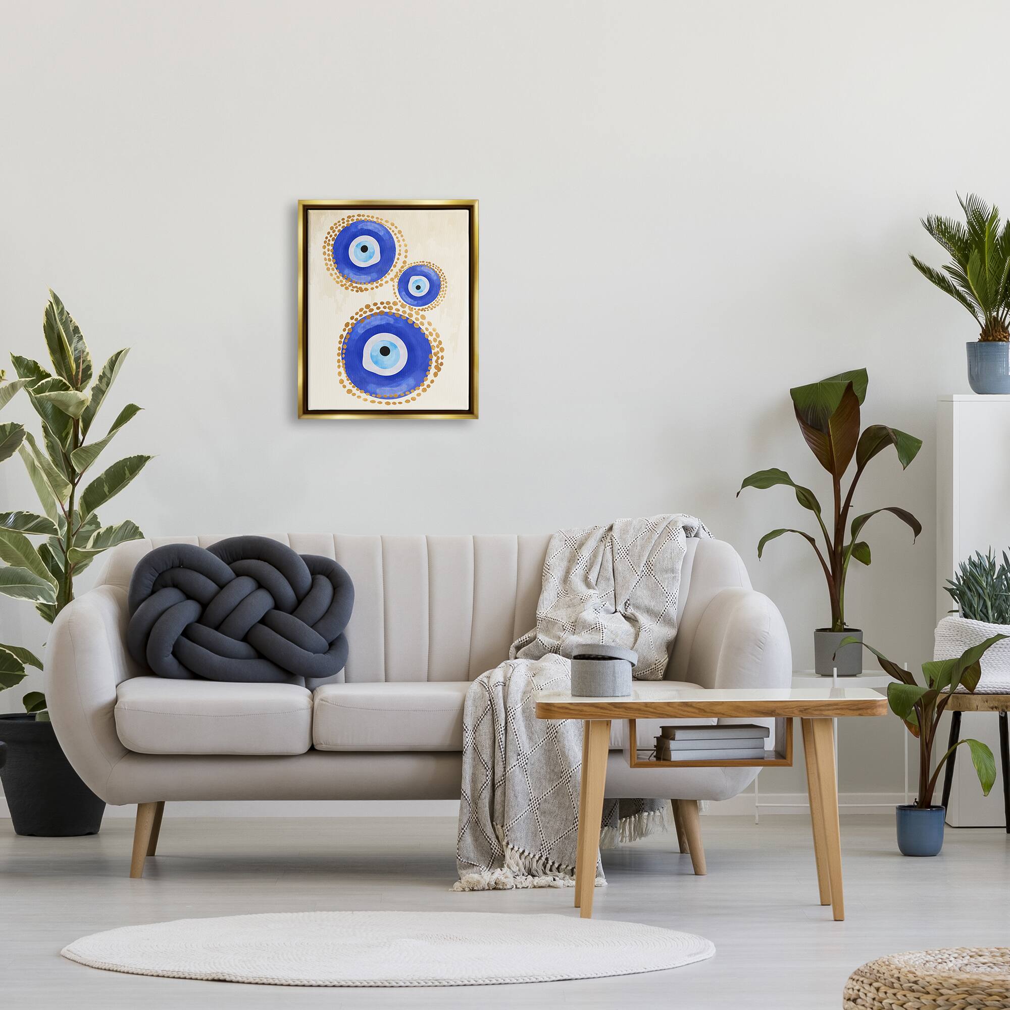 Stupell Industries Round Blue Evil Eye Pattern Dotted Detail Framed Floater Canvas Wall Art