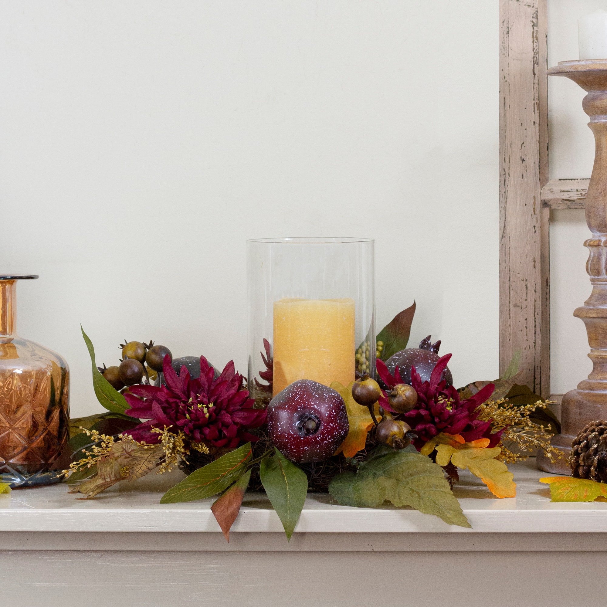 22" Mums with Pomegranate Fall Candle Holder Centerpiece
