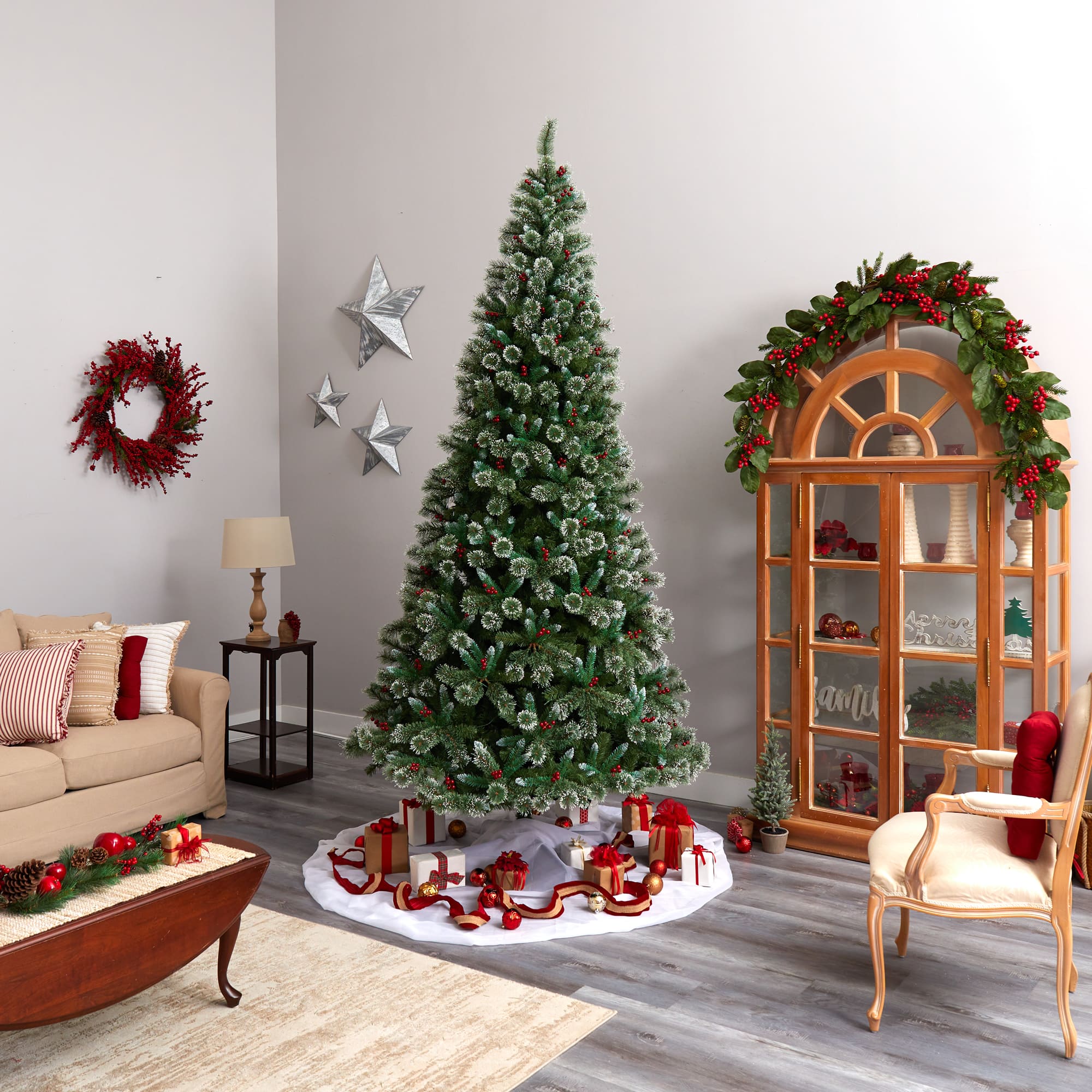 10ft. Pre-Lit Frosted Swiss Pine Artificial Christmas Tree with Berries, Clear LED Lights