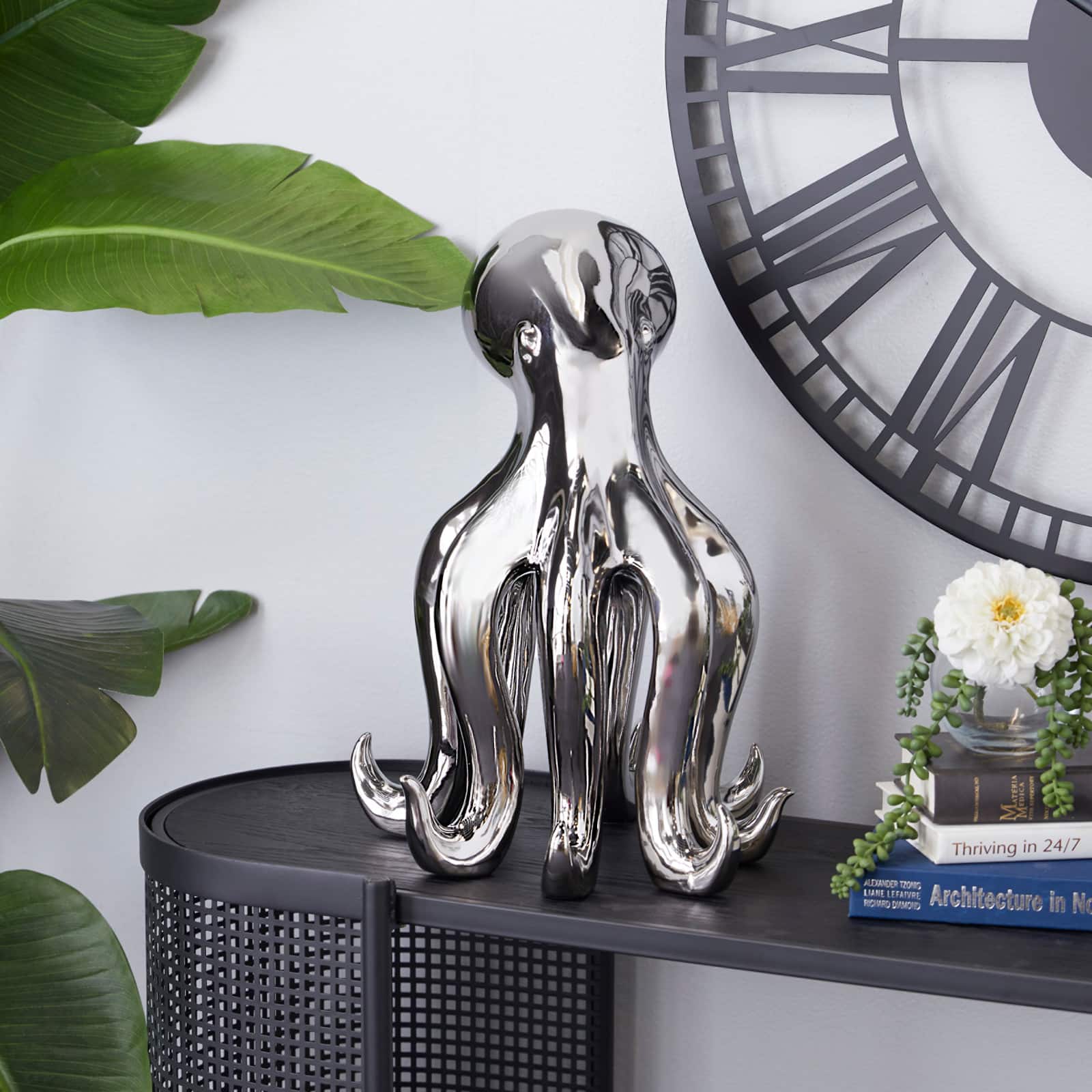 Silver Porcelain Glam Octopus Sculpture, 17" x 11" x 12"