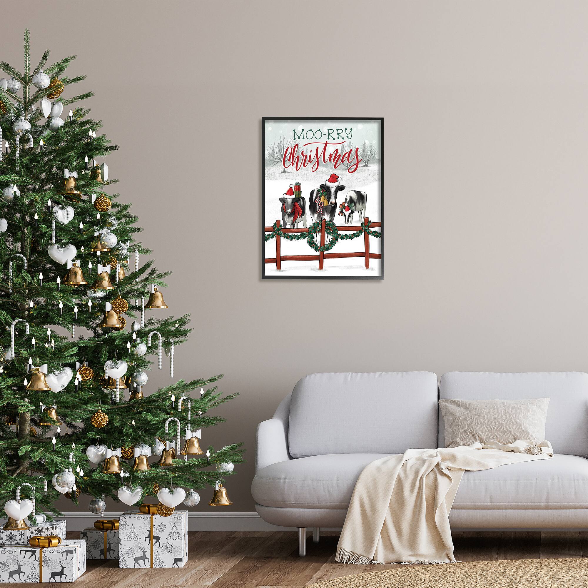 Stupell Industries Moo-rry Christmas Holiday Snowy Cows Framed Giclee Art