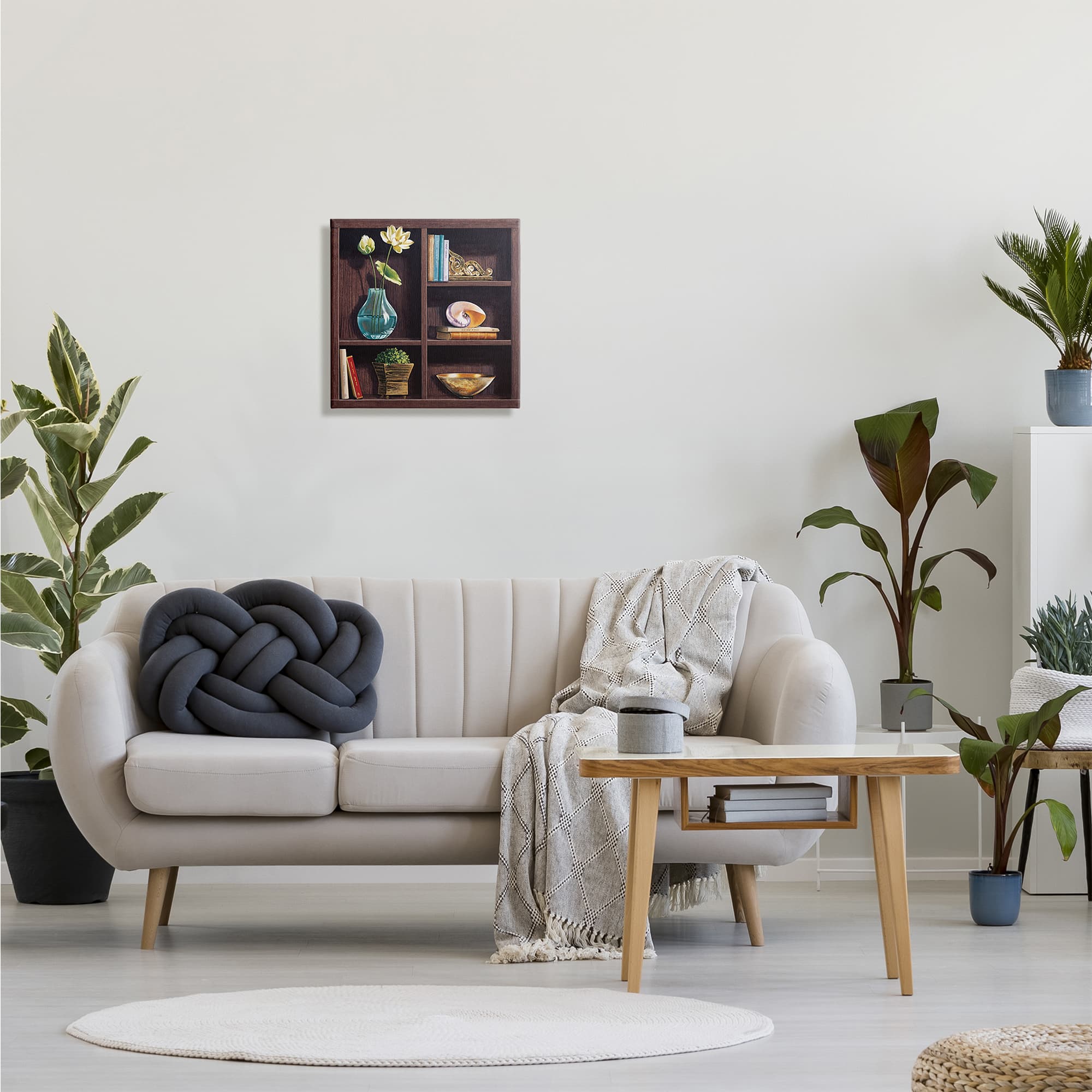 Stupell Industries Elegant Bookshelf Still-Life with Lotus Floral Vase Canvas Wall Art