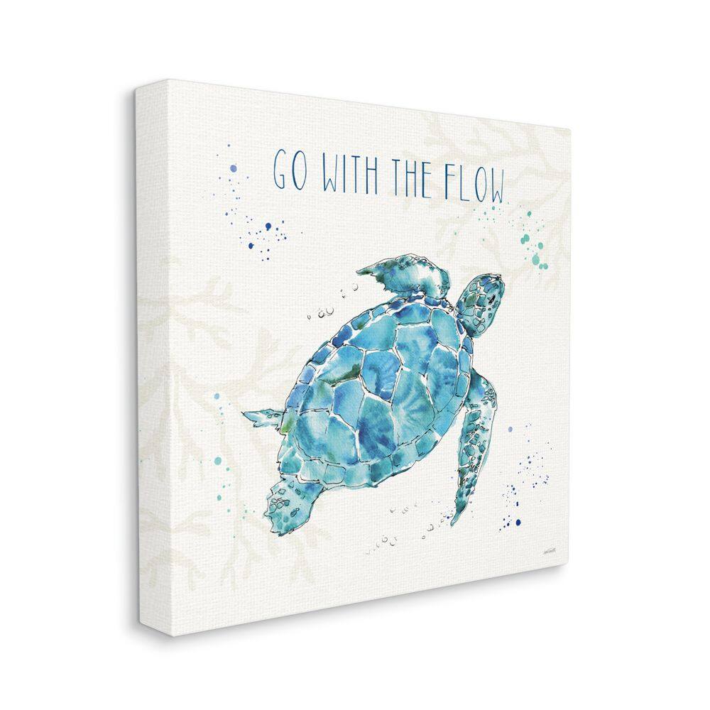 Stupell Industries Go with the Flow Quote Turtle Tortoise Blue Green Watercolor Canvas Wall Art