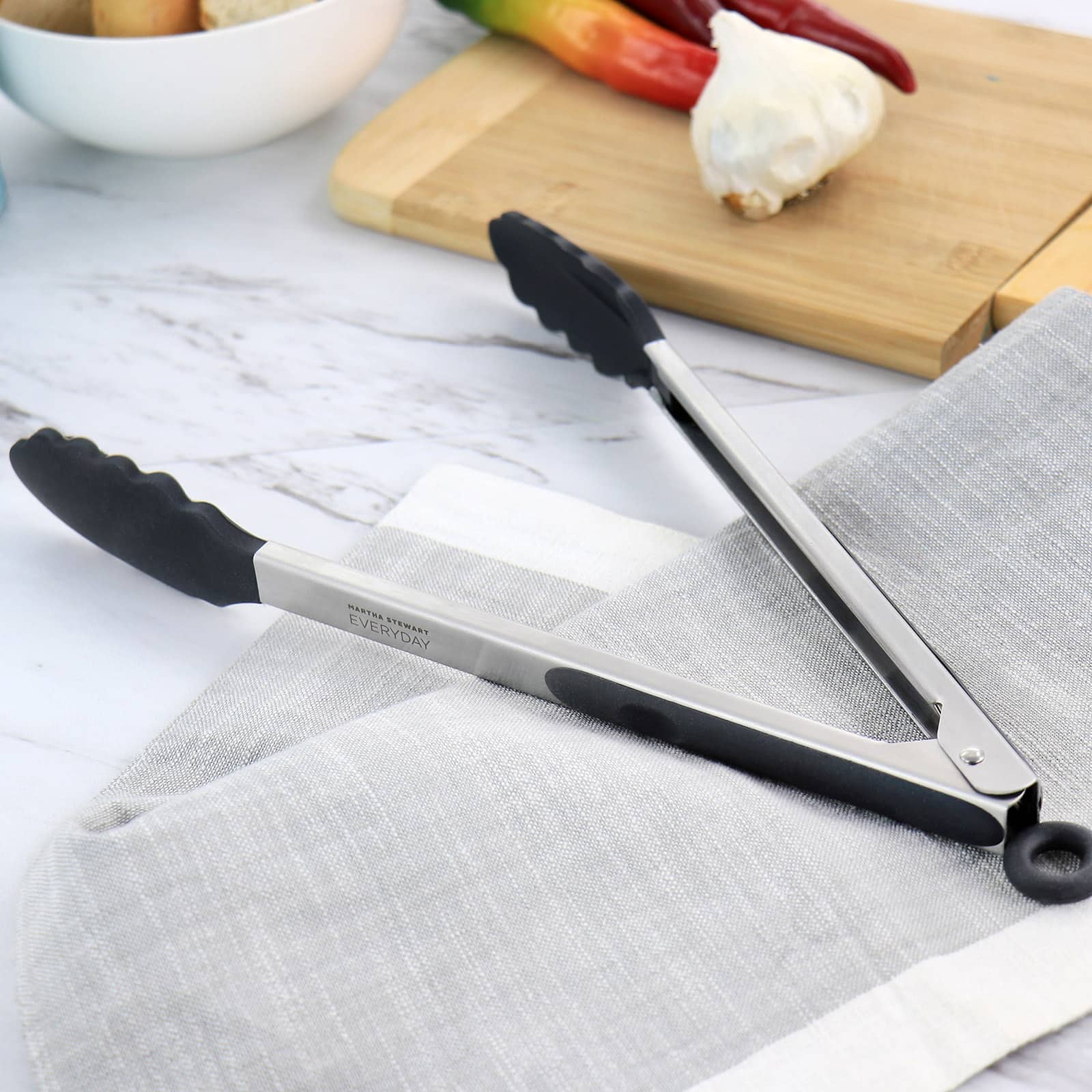 Martha Stewart Everyday Gray Silicone Smart Lock Kitchen Tongs